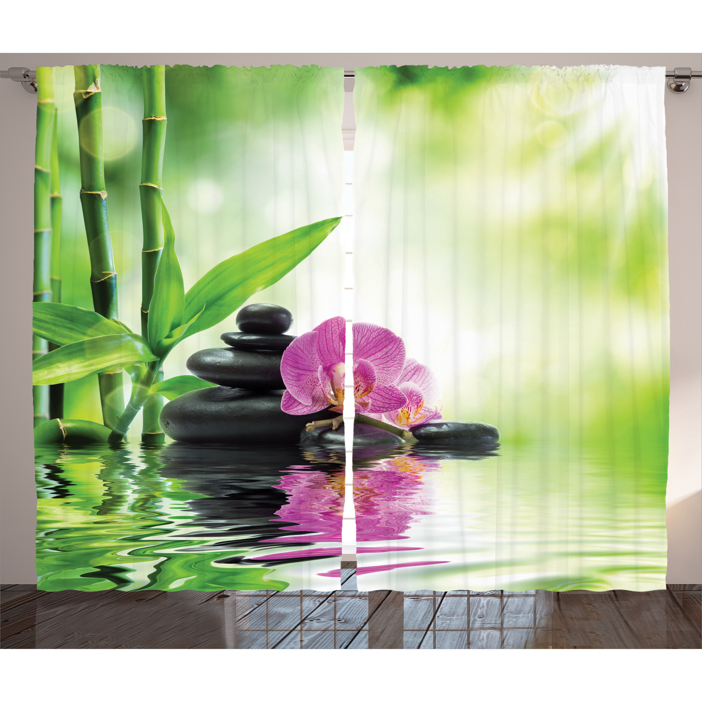 Rustic Spa Curtain, Orchid , Bedroom Curtain With Loops And Hooks, 280 X 175 Cm, Green Pink