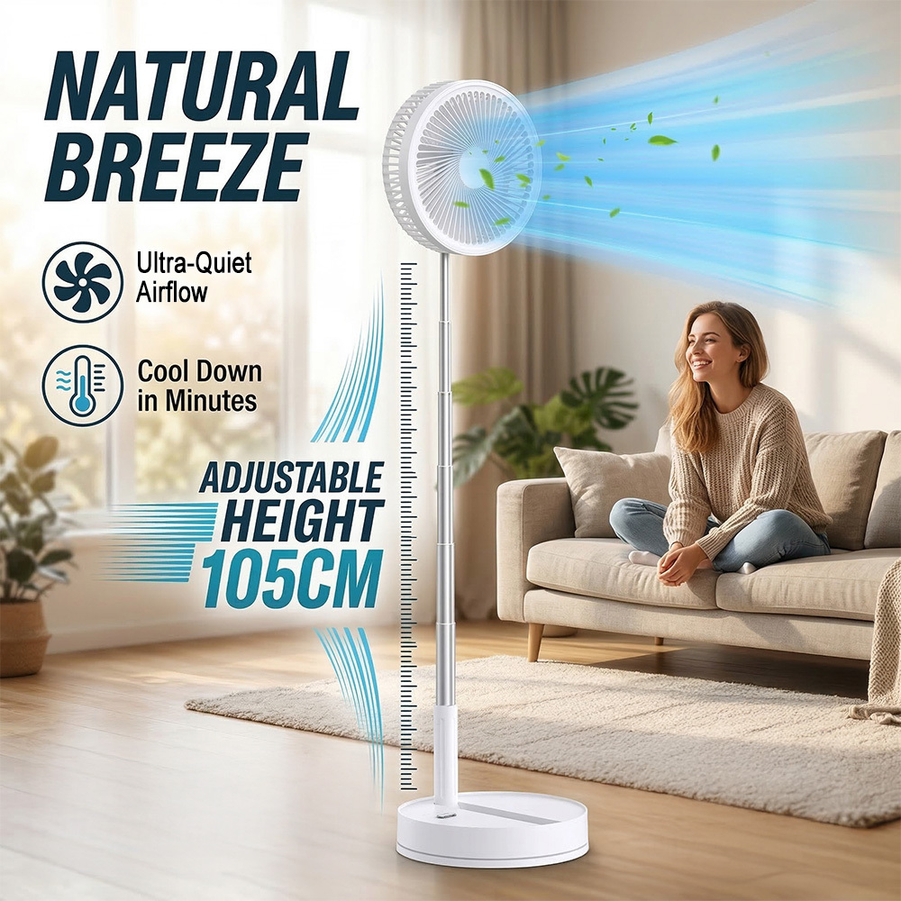 TEMU Portable Foldable Standing Fan With 8000mah Rechargeable Battery,height Adjustable 15.75-41.75 In, 4 , , Remote Control For Bedroom, Camping,