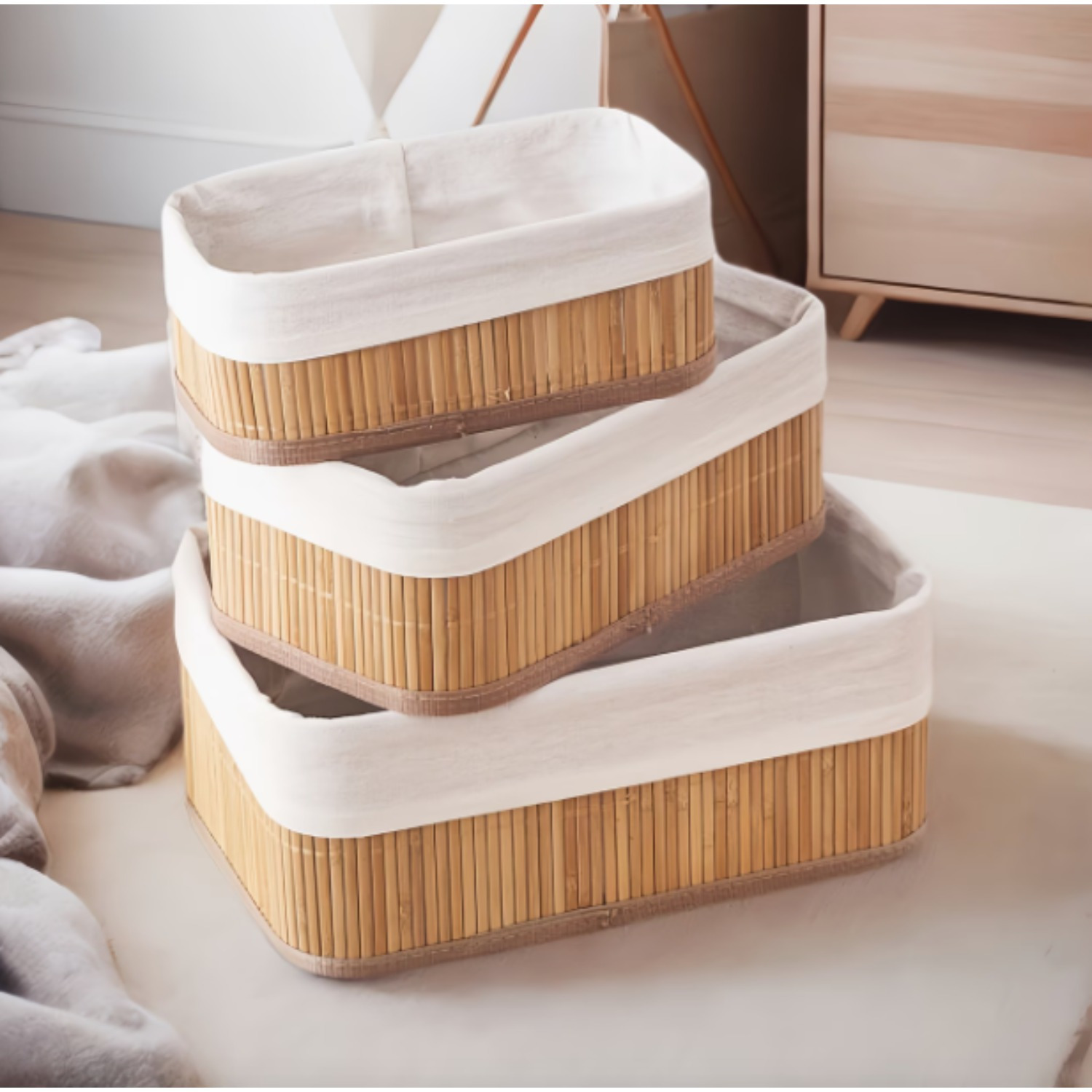 TEMU Bamboo 3pcs Storage Basket Set | Rectangular Organizer Bins With Lining For Closet, Bathroom, Drawer & Living Room