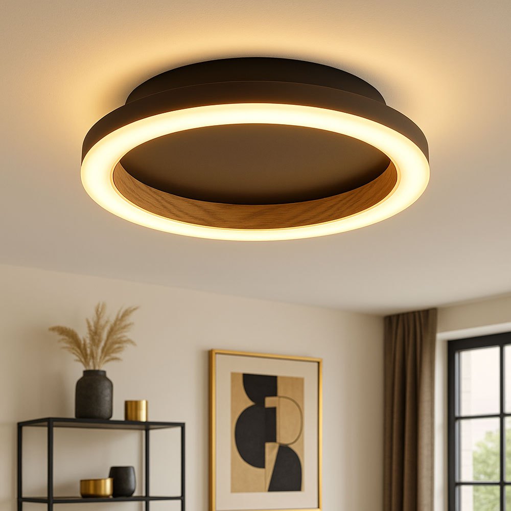 Image of Led Ceiling Lamp With Wood Optic Living Room Lighting Black Ceiling Lamp Modern, Alu Metal, 12w 490lm Warm White, Dxh 20.5x5.1 Cm Model 67356d