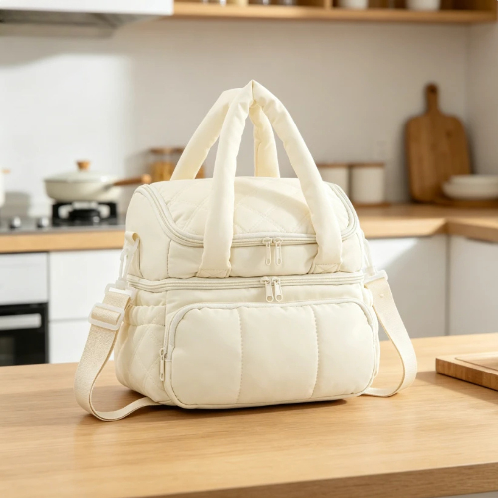 Beige Double Layer Insulated Lunch Bag with Adjustable Shoulder Strap