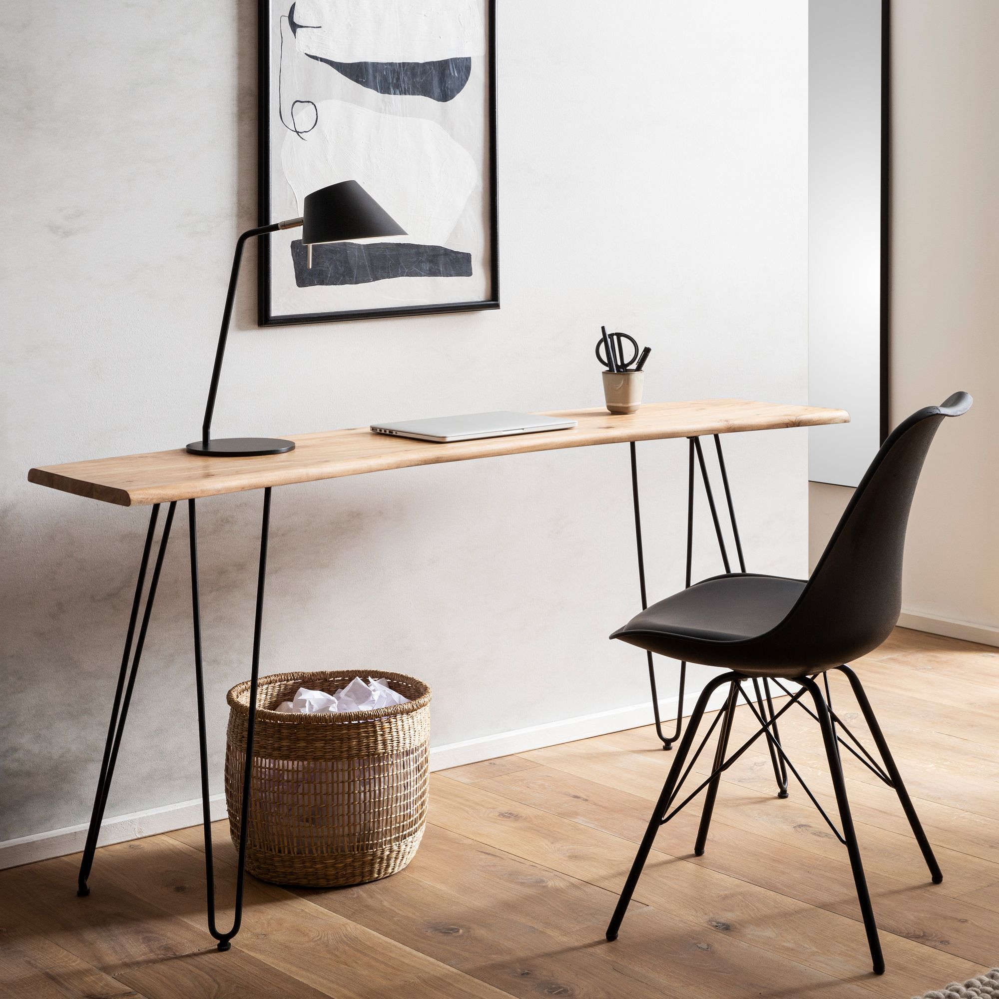 Desk 150x36x75 Cm Acacia Solid Wood / Metal Computer Desk With Tree Edge, Home Office Desk Solid With Hairpin Legs In Black, Narrow Wooden Desk Laptop Table For Study Room