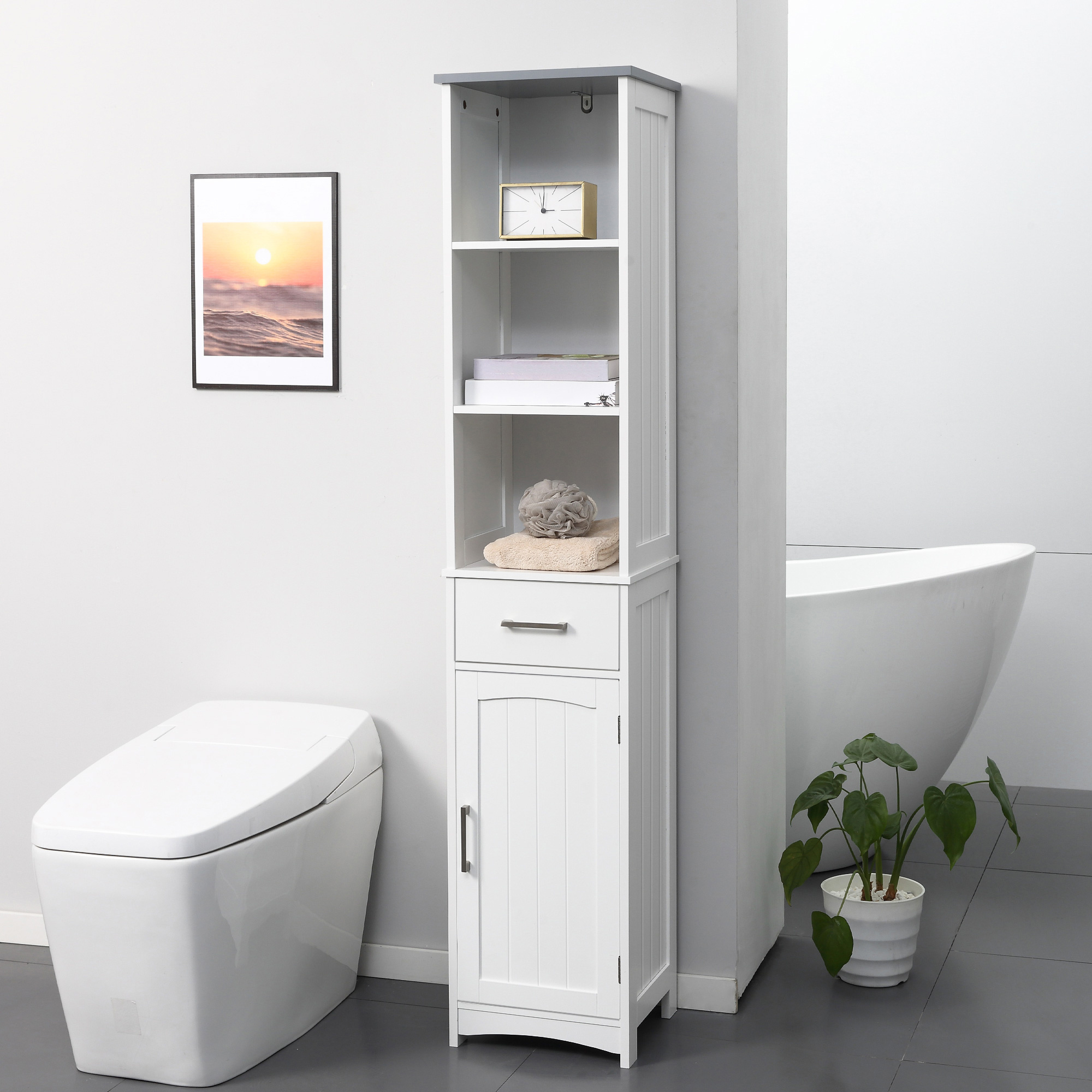 TEMU Tall Bathroom Storage Cabinet With 3 Tier Shelf, Cupboard, Drawer, Door, Freestanding Linen Tower, Slim Side Organizer, White