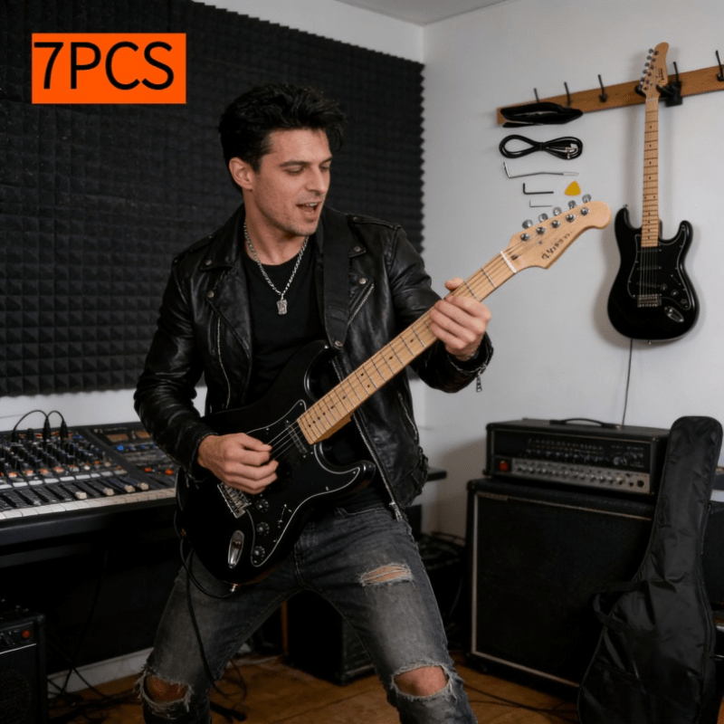 black flame professional guitar beginners entry set including speaker cable case strap with a basswood body and maple neck featuring a rock style playing instrument and a stylish   designed with a black pickup   suitable for school performances outdoor singing and  