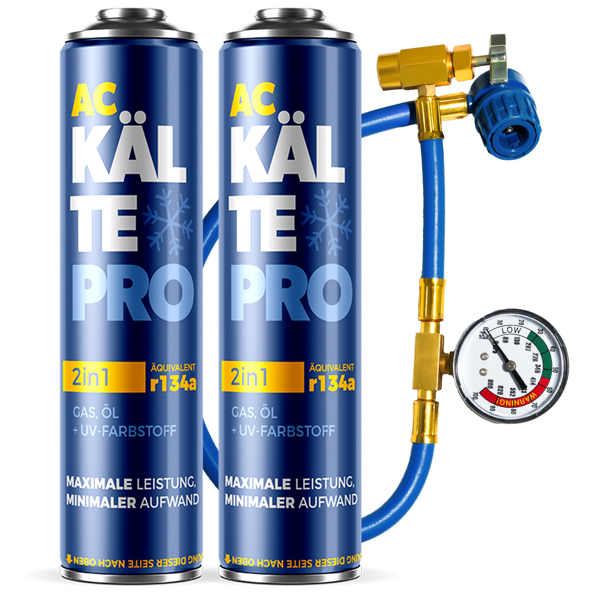 E-shop Set mit 2X 2W1 R134A 292G KALTEPRO Kältemittel für Klimaanlagen, mit , Schlauch mit Manometer, Selbst-Befüll-Set für Klimaanlagen, für Autos von