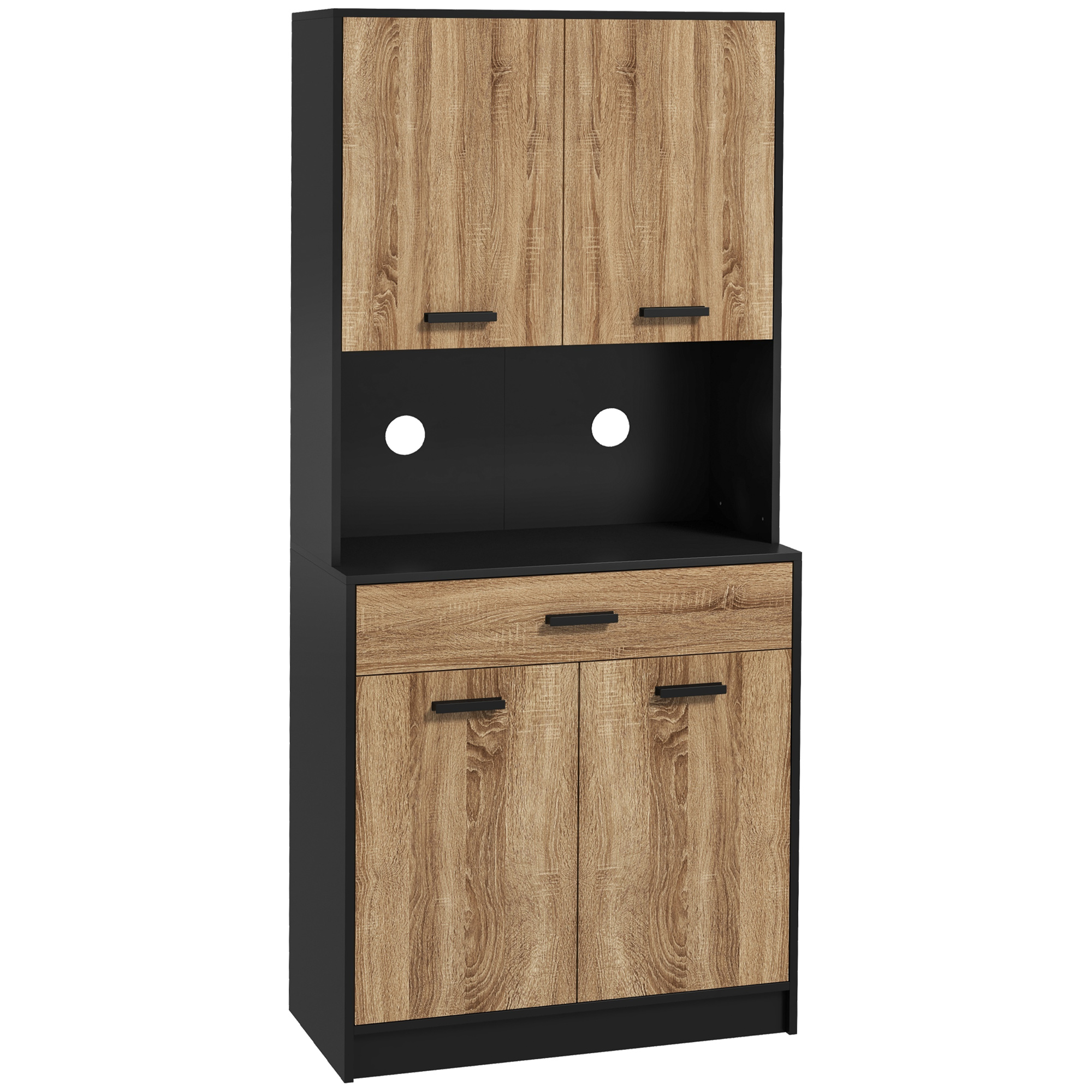 Homcom Kitchen Cabinet, Sideboard, Storage Unit, 2 Cupboards, , 1 Drawer, Cable Management, , 80 X 40 X 180 Cm, Black And Natural