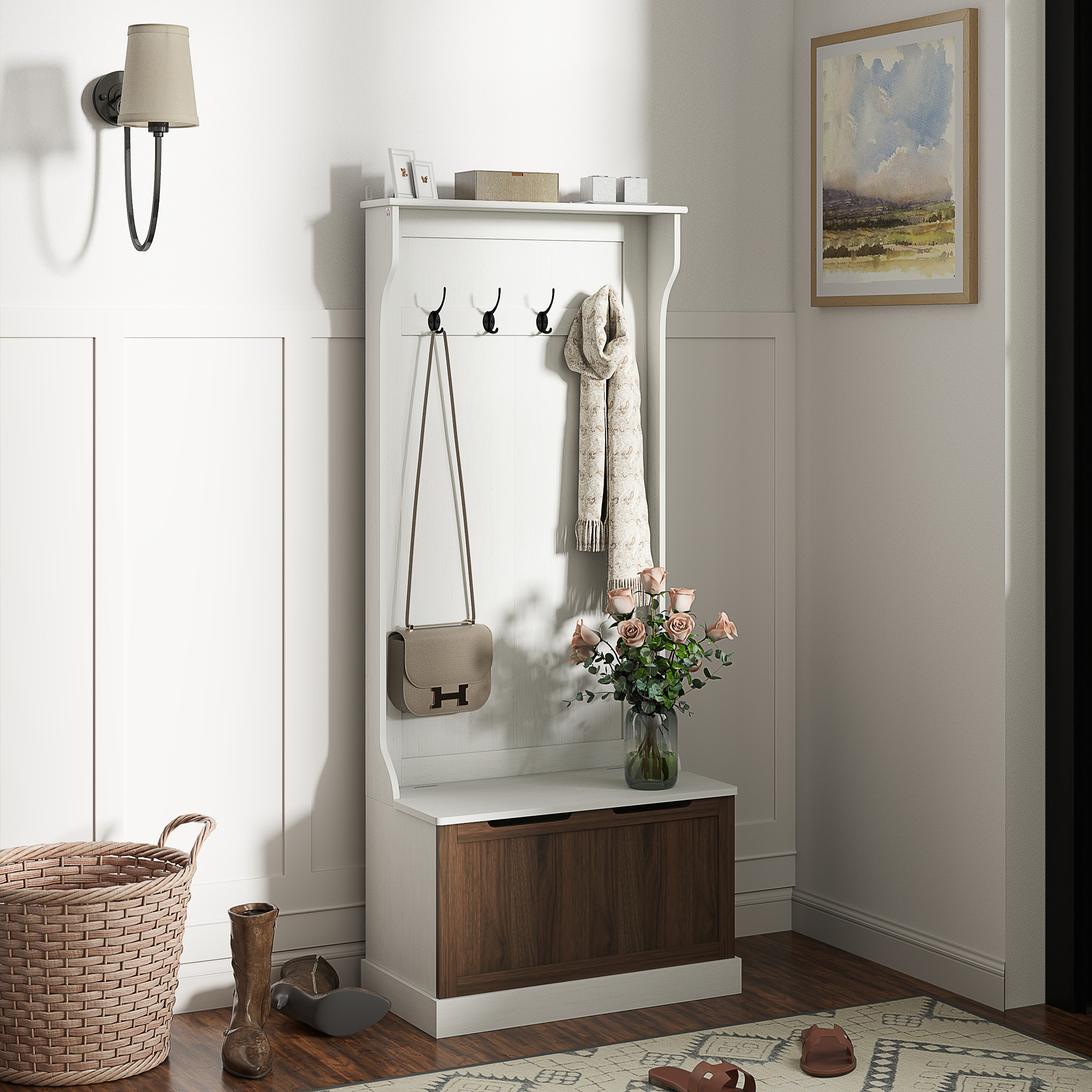 Image of Homcom 3-in-1 Entryway Coat Rack With Shoe Rack, Space- Floor Standing Coat Tree With 4 Hooks And Storage Bench, Mdf, For Hallway, Bedroom, 71.5x39.5x170 Cm, White And Brown