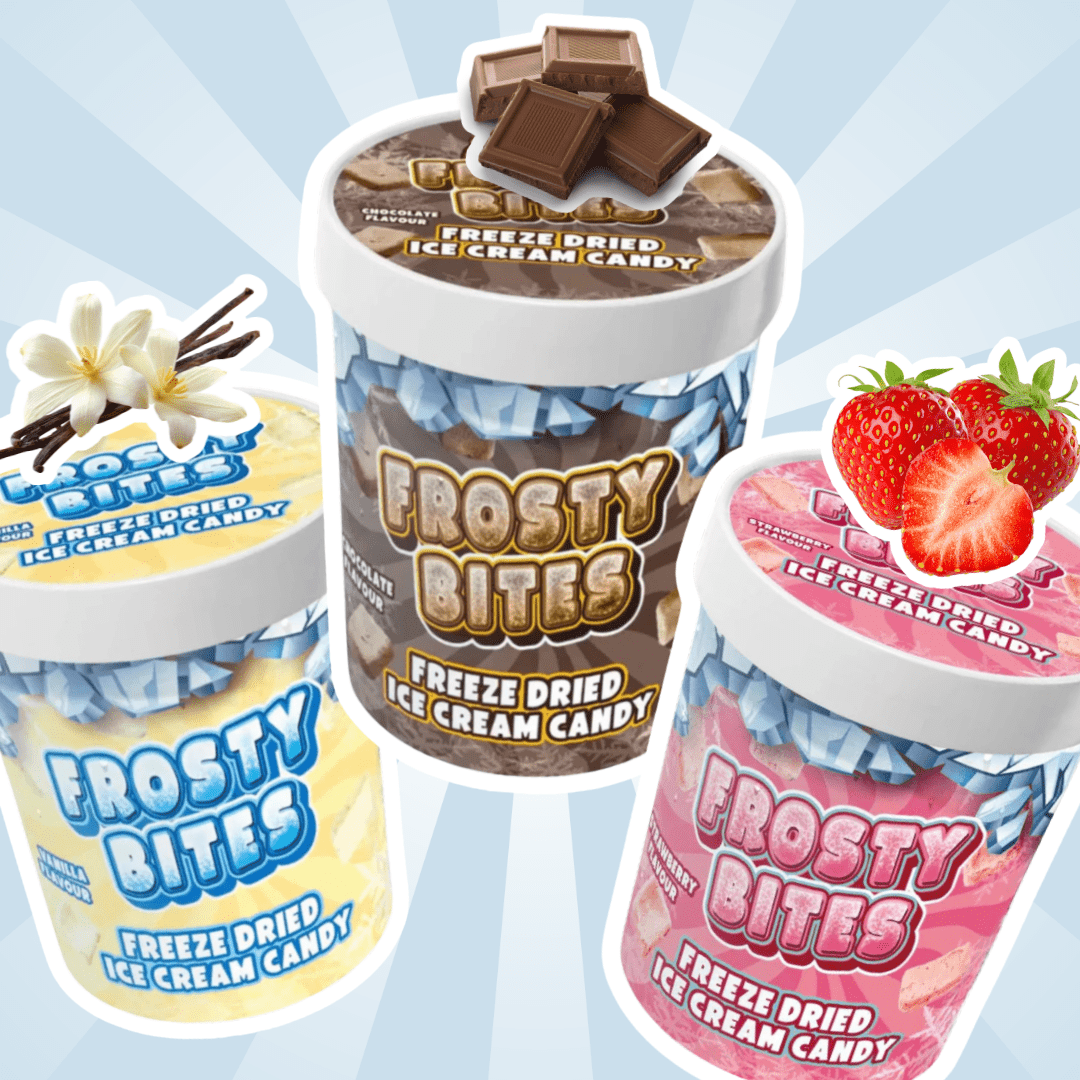 E-shop Frosty Bites Gemischte Geschmacksrichtungen – Vanille + Schokolade + Erdbeere – Gefriergetrocknete Eiscreme-Bonbons (je 40g)
