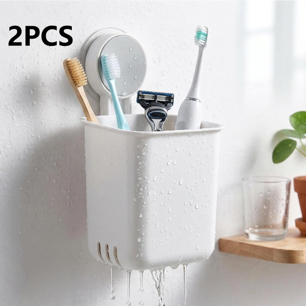 TEMU Wall Mounted Toothbrush & Toothpaste Holder 2 Pack, Bathroom Shower Storage With Drainage Holes, Organizer For Glass Tile Mirror Bathroom