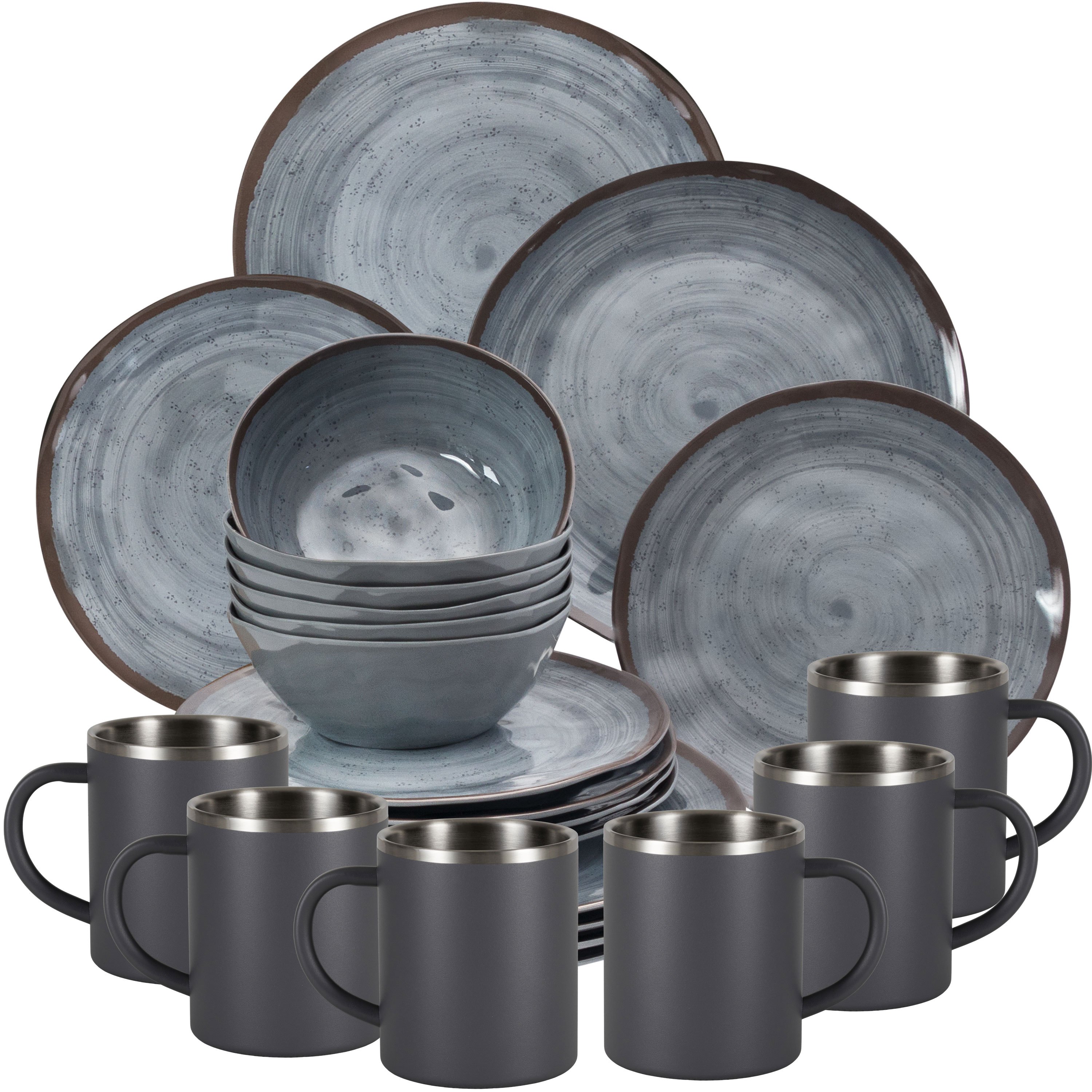 Image of Grey Camping Tableware For 6 People, 24-piece Set With Double-walled Stainless Steel Thermo Mugs - Clay-look Dinnerware - Ideal For Camping, Picnics, And Modern Outdoor Use