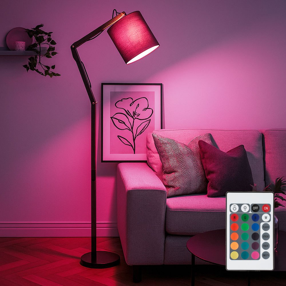 Image of Table Lamp With Remote Control, Dimmable, Jointed Lamp, Wooden Textile Shade, Living Room Lamp, Movable, Metal, , Rgb Led 8.5w 806lm Warm White, H 172 Cm