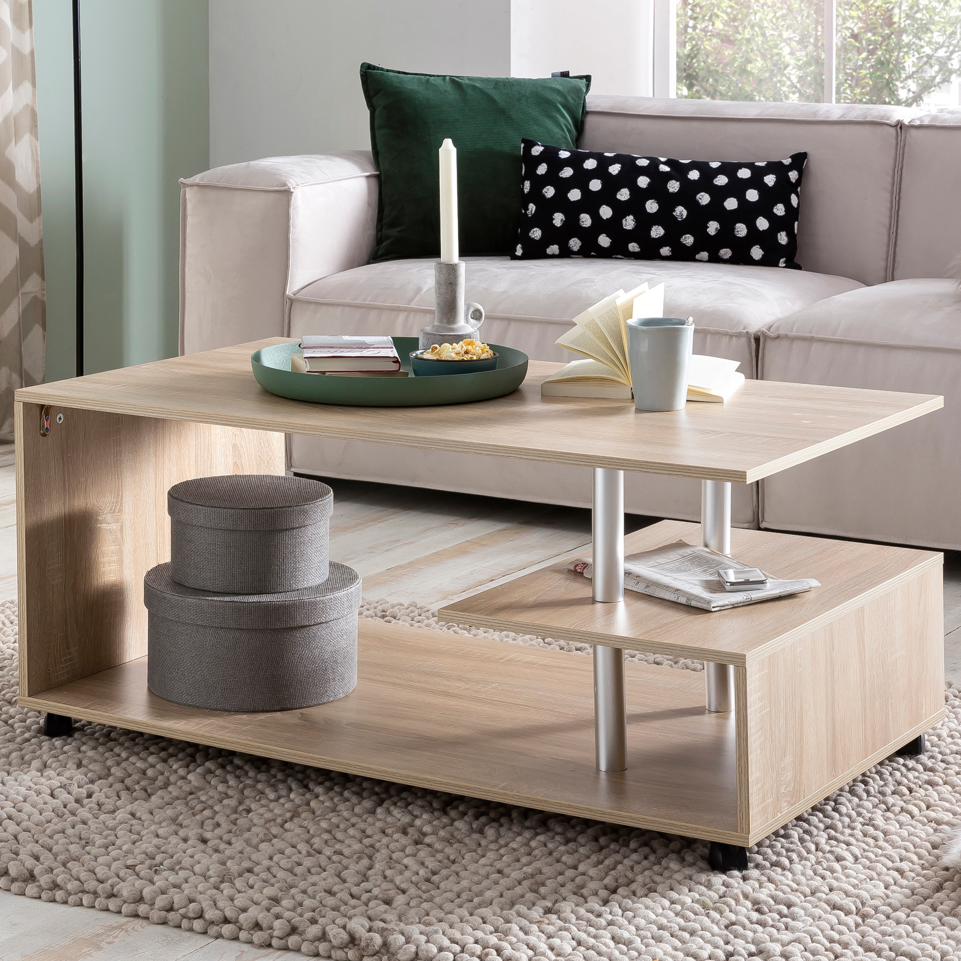 Image of Coffee Table 105 X 48.5 X 60 Cm, Rotating With Wheels, Living Room Table, Lounge Table Wood, Coffee Table With Storage Space