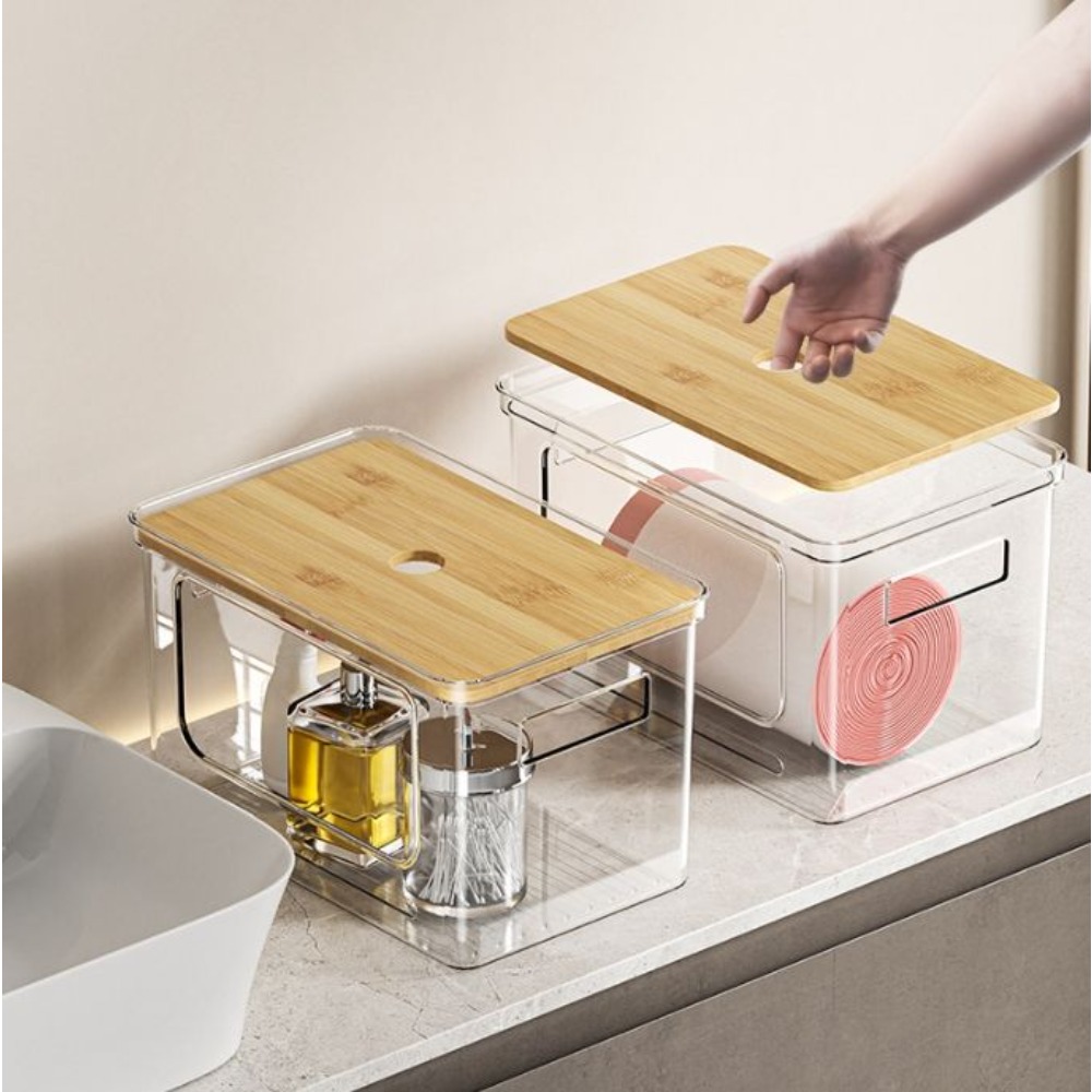 Clear Rectangular Storage Box with Bamboo Lid, 1/3pcs
