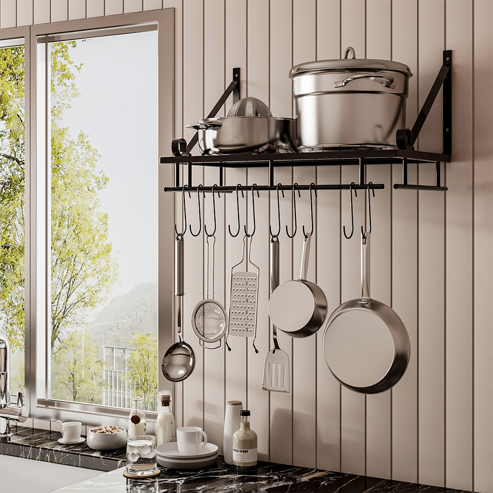 TEMU Black, Kitchen Large Capacity Wall Mounted Pot Rack, Multifunctional Kitchen Pot Storage Rack, Towel Rack That Countertop Space, High-quality