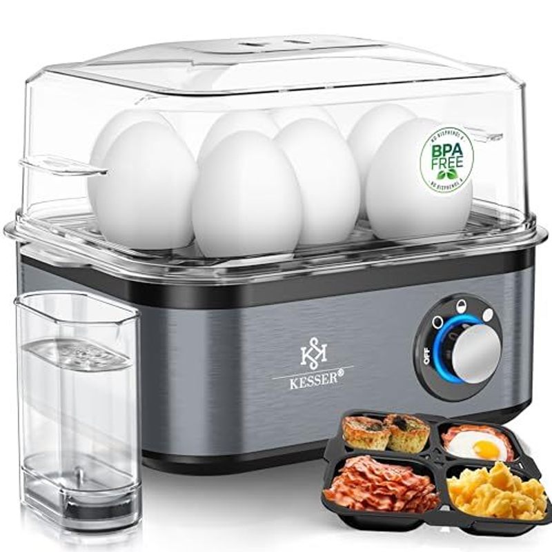 Image of Kesser Electric Egg Cooker For 1 To 8 Eggs, Stainless Steel, 500w With Function, Led Rotary Switch, 3 Hardness Levels, Measuring Cup, Egg Holder, And Omelette Pan