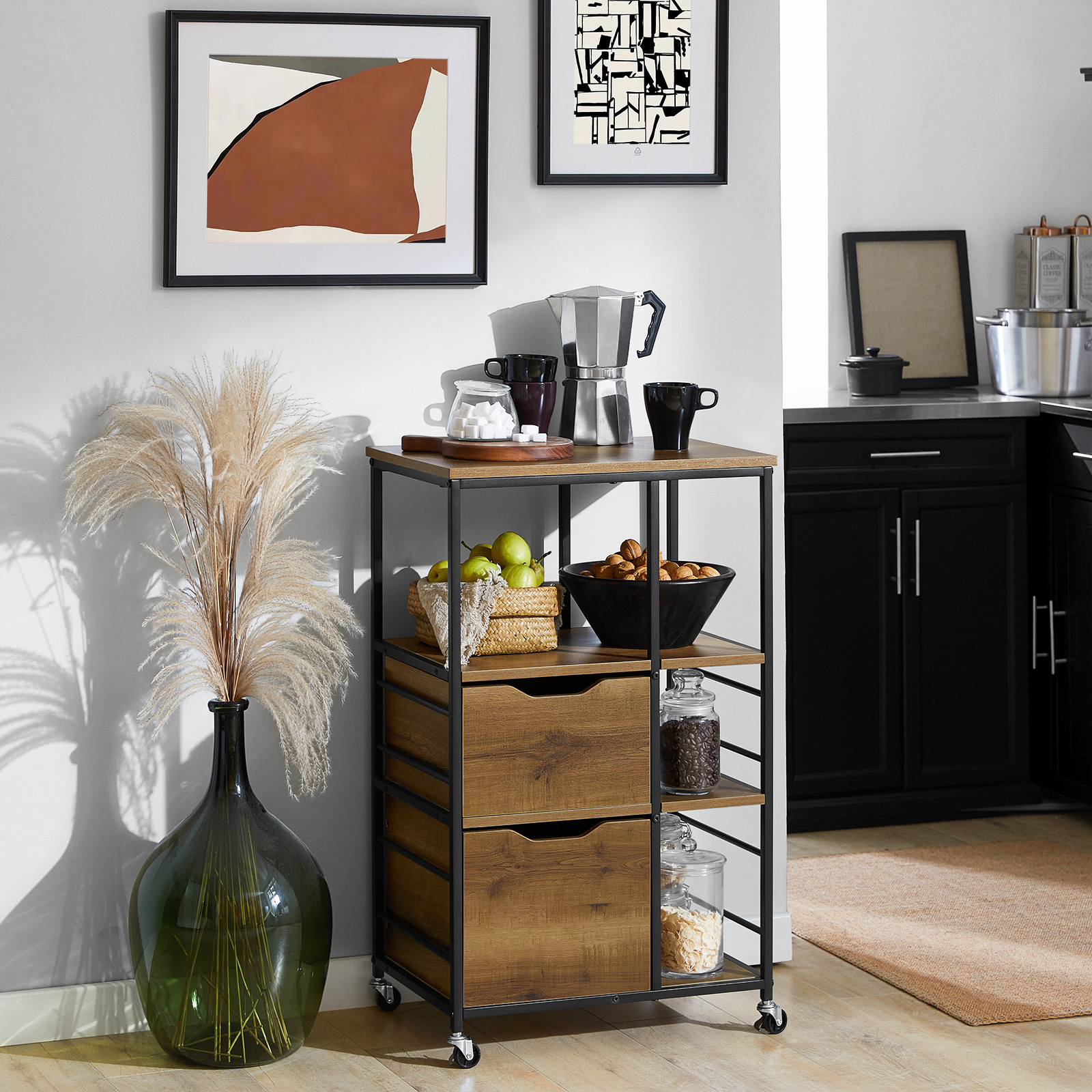 Image of Service Cart With Wheels, Rolling Cart With Drawers, Kitchen Cart, Side Table Made Of Wood With 3 Metal Shelves, Kitchen Rack For Kitchen And Household, 89x53x37cm, Fkw111-pf.