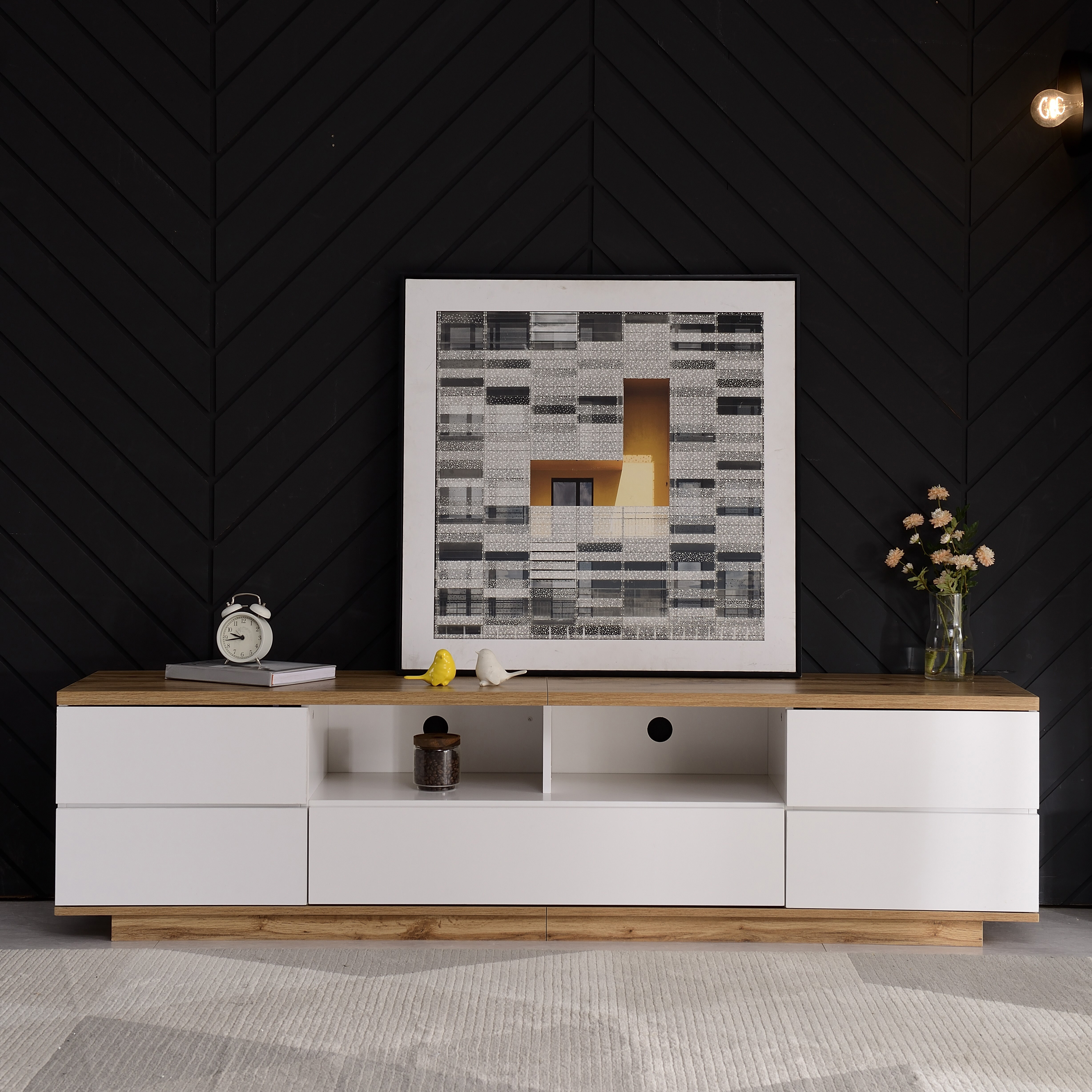 Image of Cabinet In White, Tv Cabinet With Wood Grain Finish, 180 Cm