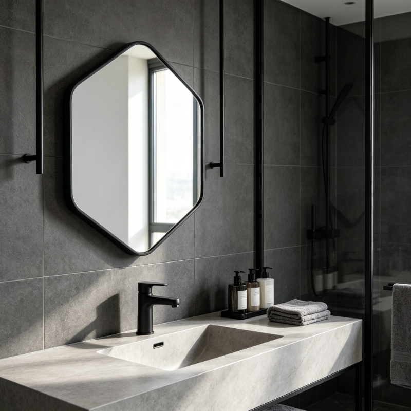 Hexagon Wall Mirror with Black Metal Frame, 40x60cm