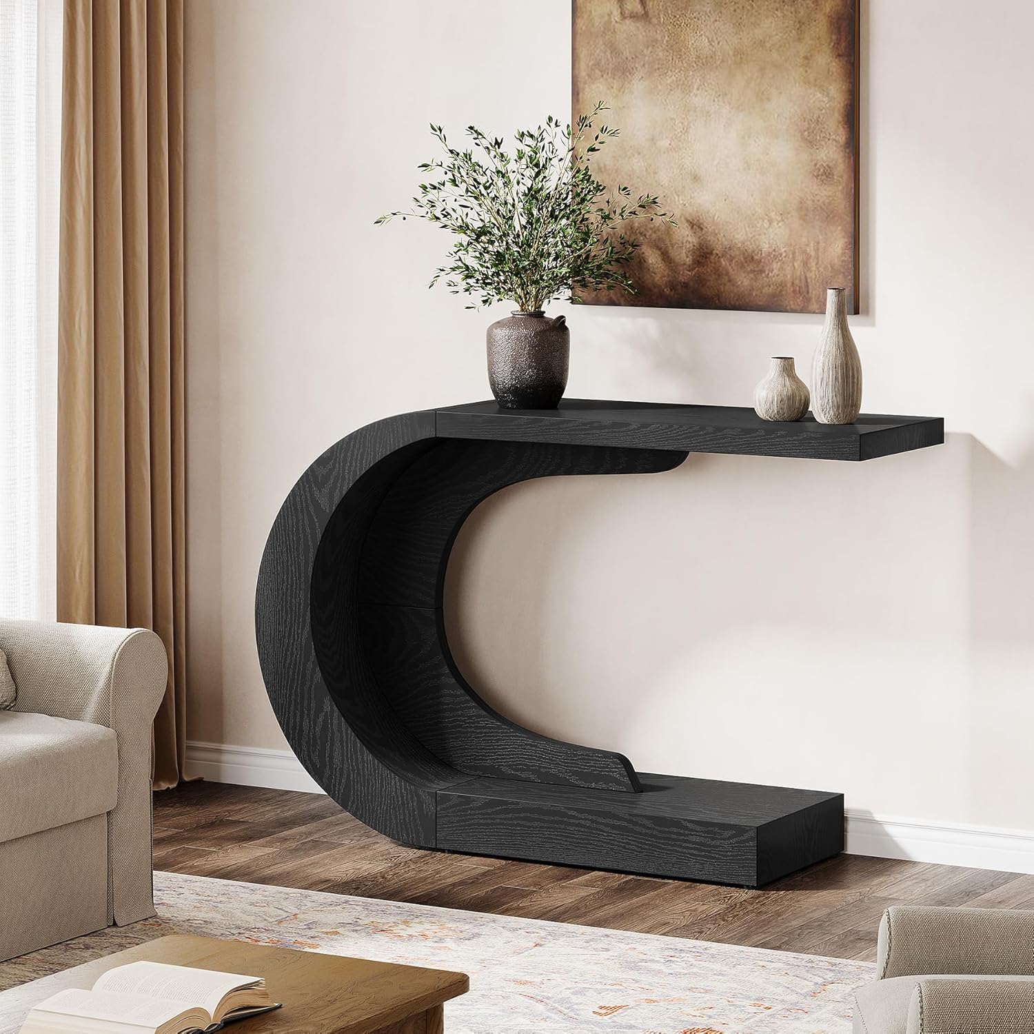 Image of Mid-century Modern Console Table, Wood Sofa Table Behind Couch, Farmhouse Hallway Entry Accent Table For Living Room, Entrance, Foyer, Easy Assembly, Black, 110 X 35 X 75 Cm