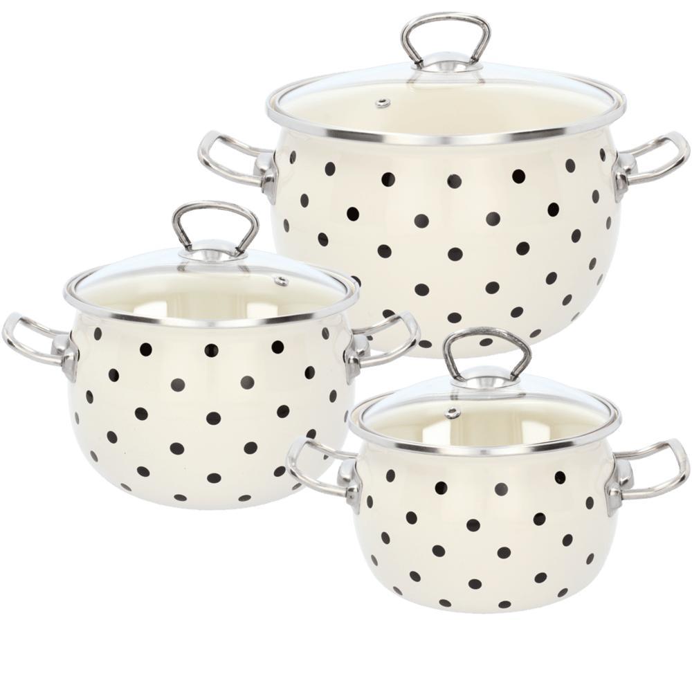 3pcs Set Of White Enamel-coated Pots - With Polka Dot Pattern - Sizes: 2.5 L, 3.5 L, 5 L - With Glass Lid