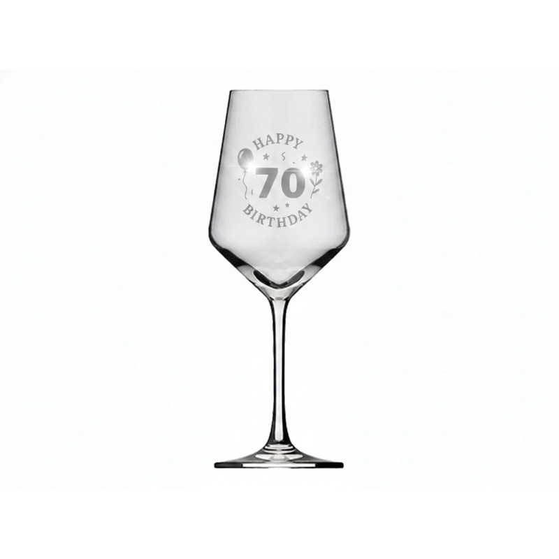 Image of Wine Glass Engraving Happy 70th Birthday 350ml