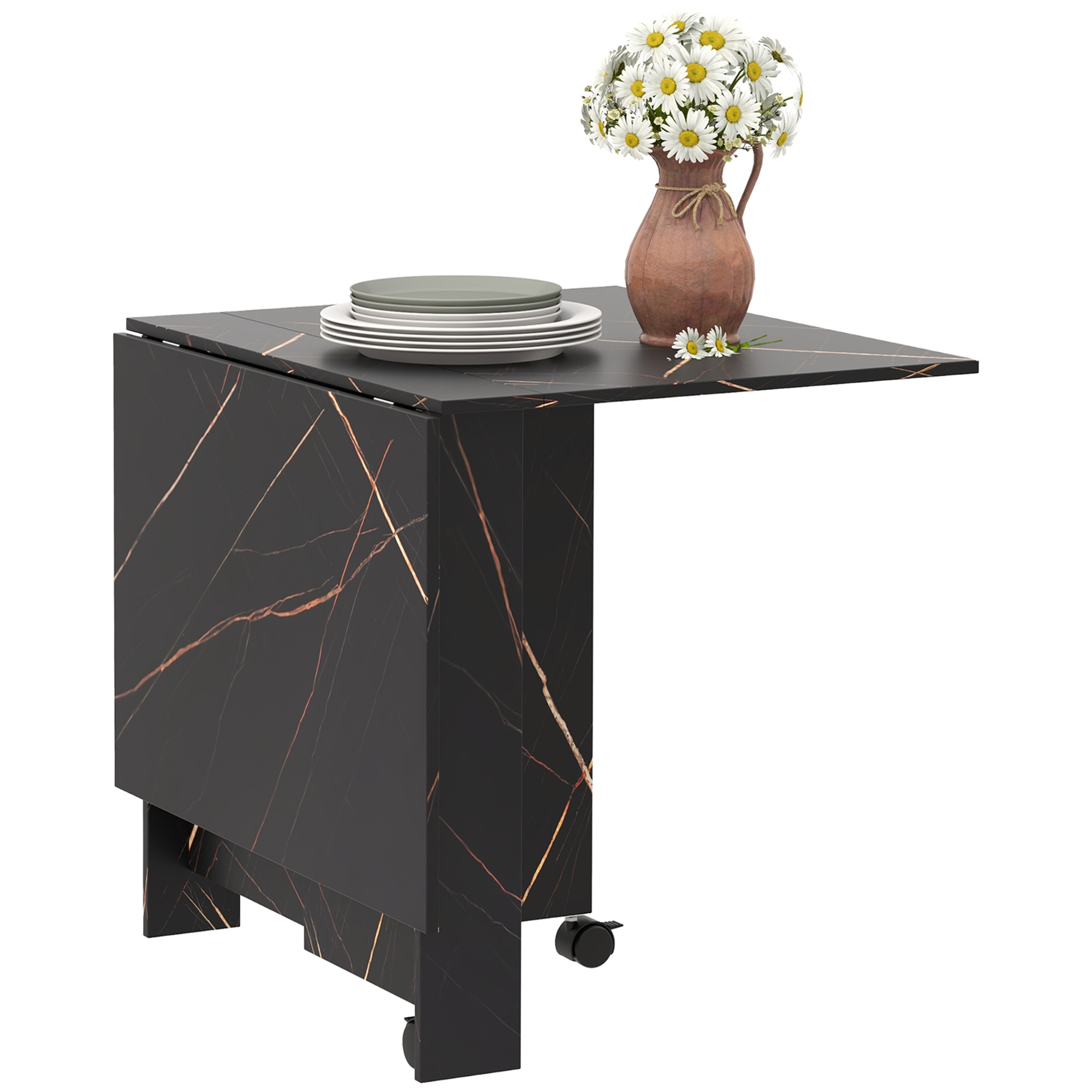 TEMU HOMCOM Mesa Plegable de Comedor Mesa de Cocina Plegable con Ruedas Abatibles 6 para Salón Pequeño 120x80x73 cm Negro con Mármol