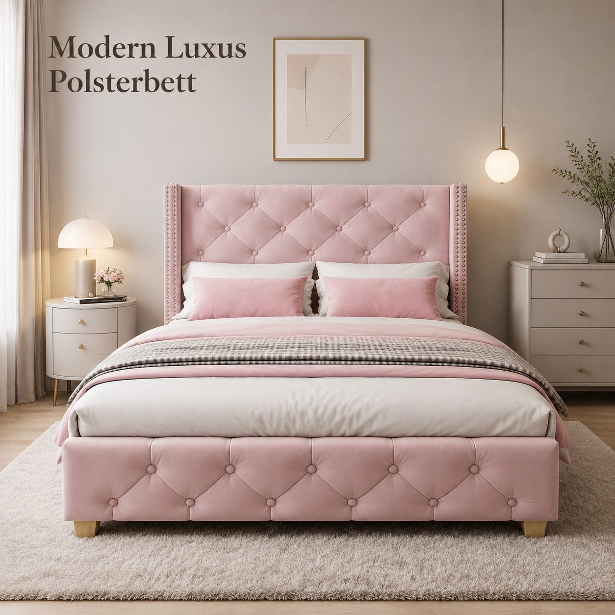 Velvet Double Bed With Button Tufting, Stable Wooden Frame, Suitable For 90x200cm Mattress