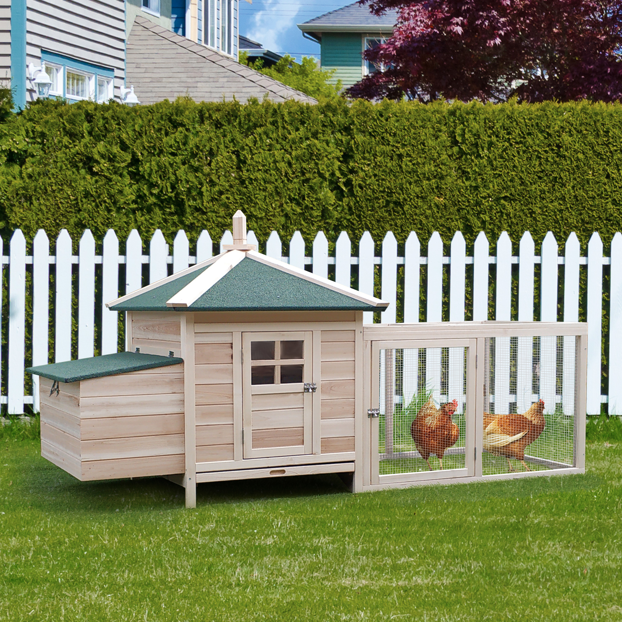 Image of Weather-resistant Chicken Coop For Dwarf Chickens, 196 X 76 X 97 Cm, With Nesting Box, Free-range Enclosure, Perch, Wooden Small Animal Shelter For 1-2 Chickens, Natural Finish