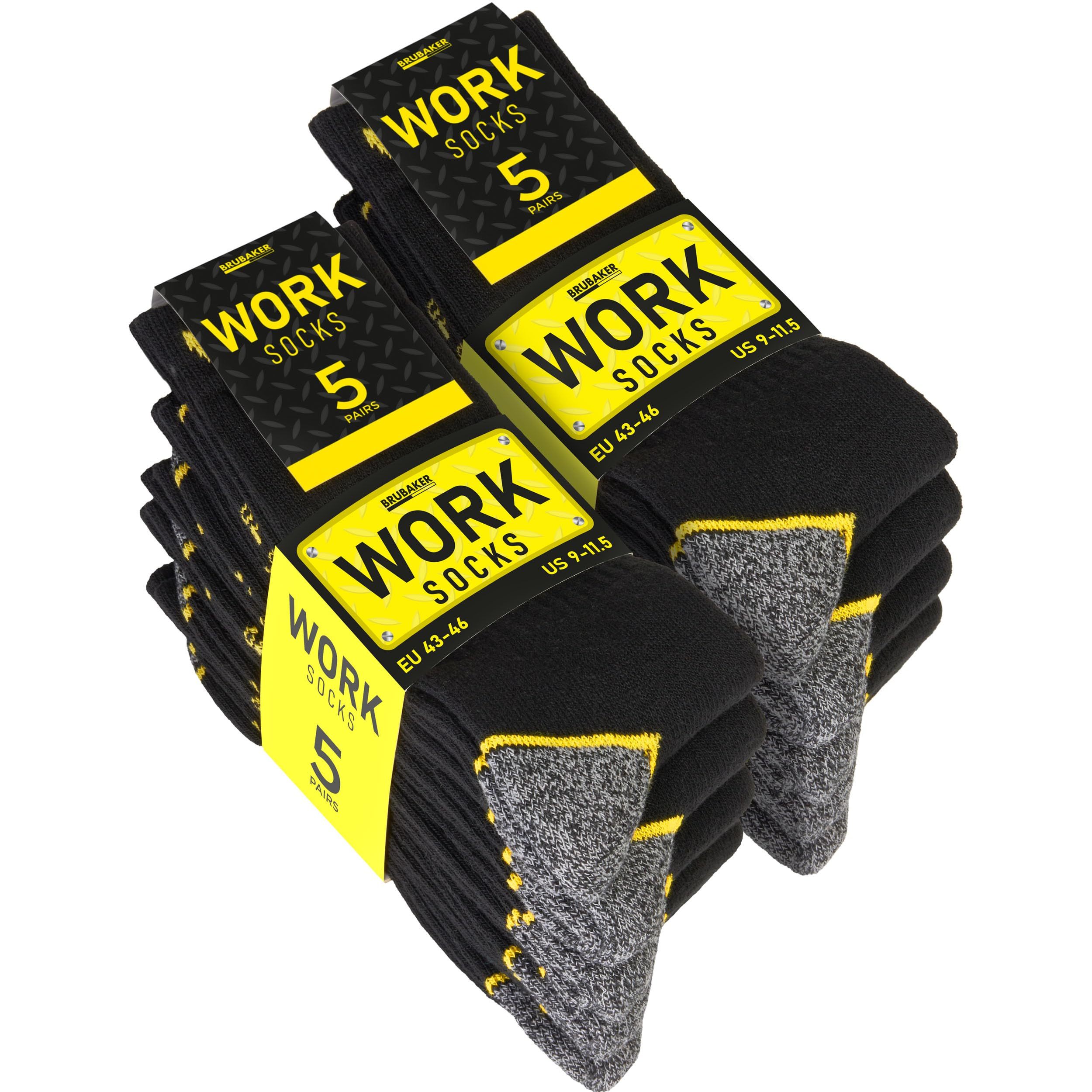 Brubaker 10 Pairs Of Men's Work Socks - Work Socks For Grip - Black Grey Yellow