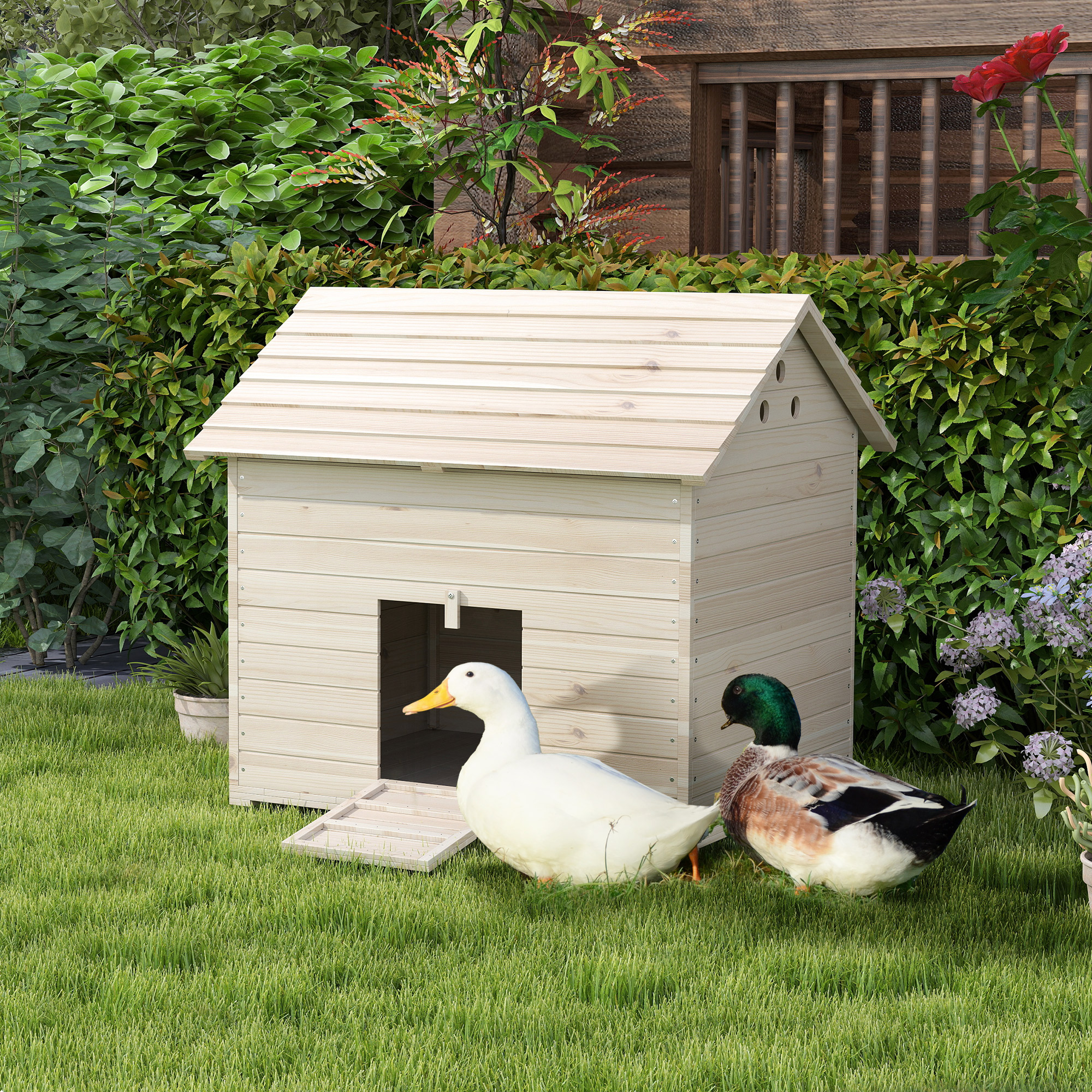 Duck House Wooden Coop With Hinged Roof, Elevated Floor, Ramp Door, Poultry House With Ventilation Holes, Goose House Chicken Coop Natural Wood 100 X 82.5 X 91 Cm