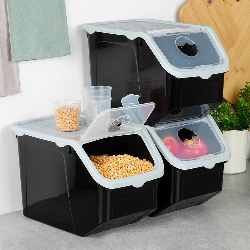 Zwarte Groente- en Fruitcontainer met Deksel, 12L, 3-Pack