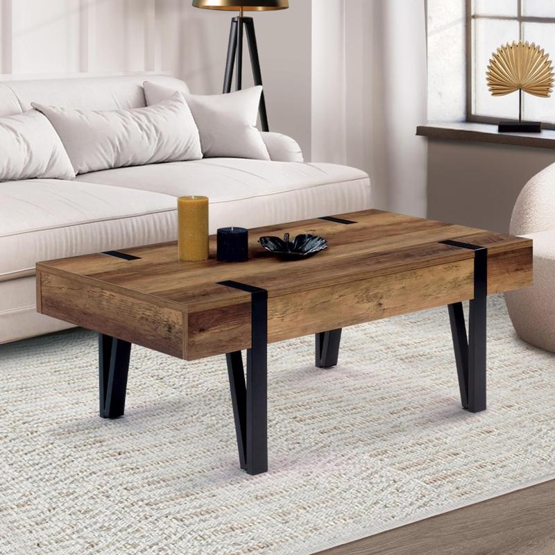 TEMU Table basse rectangulaire 1 tiroir AUSTRIA 100 cm bois pied épingle noir