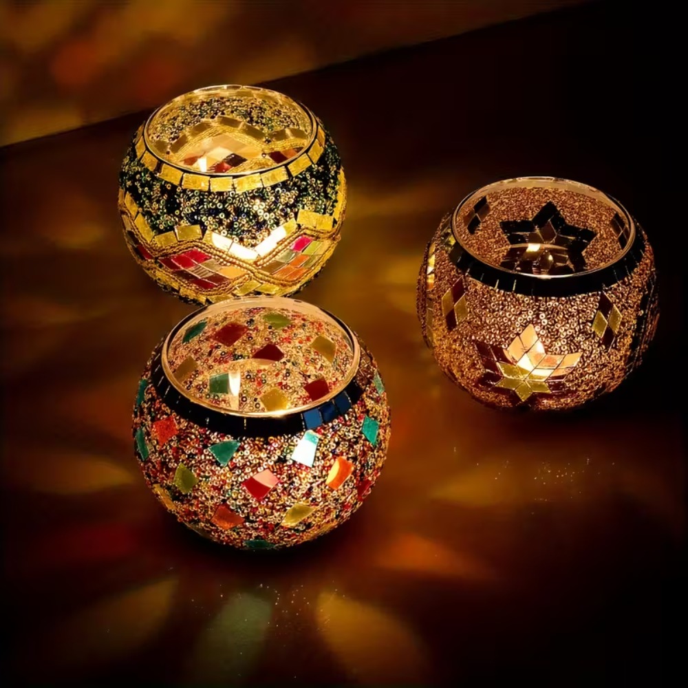 TEMU 3pcs Mosaic Glass Decorative Trays Romantic Tealight Candle Stand Vase Pen Holder Round Candlesticks Table Centerpieces, Christmas, Valentine,