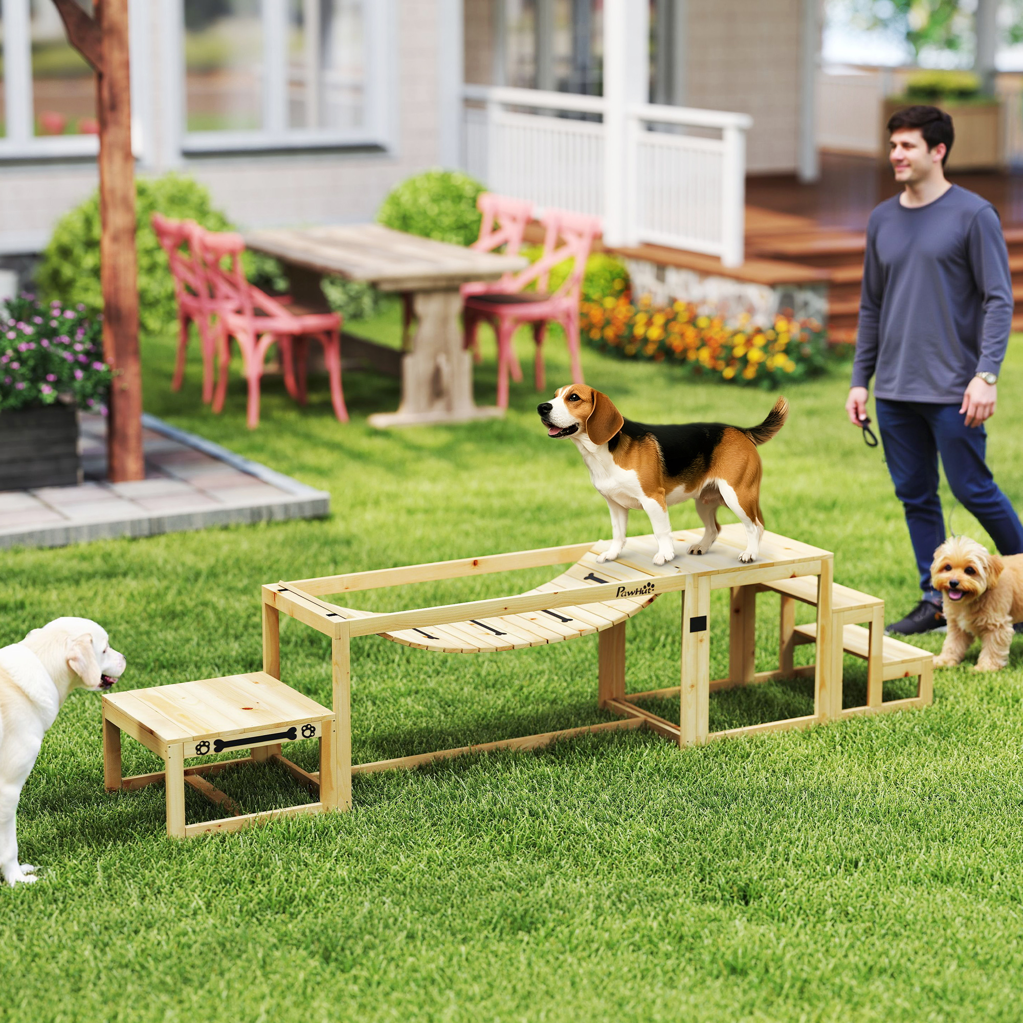 Agility Set For Dogs, 3-part Agility Equipment With Platform, Bridge, Stairs, Jump Hurdle Set Made Of Wood For Dog Training, Training Set For Large Dogs Up To 40 Kg Natural Wood