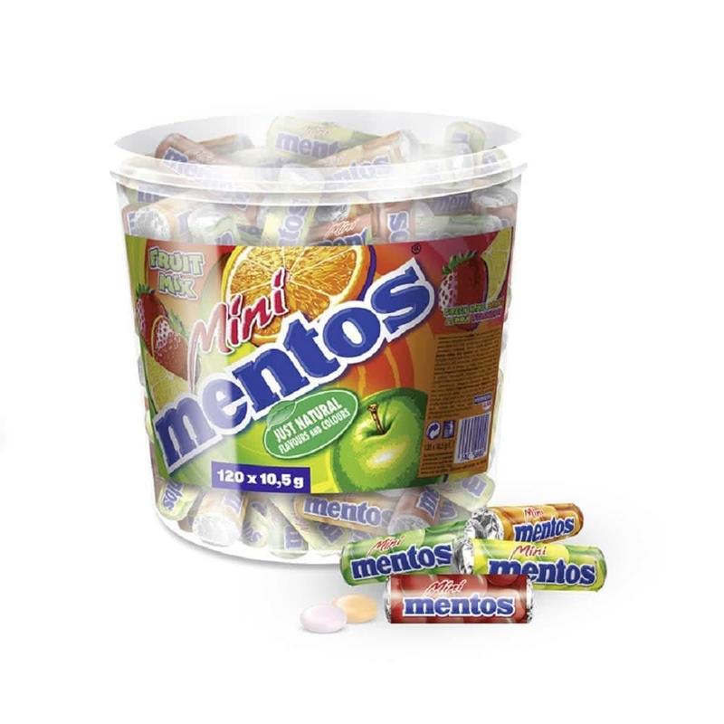 E-shop Mini Mentos – Aufbewahrungsbox mit Dragees | Eimer mit 120 Rollen Kaubonbons – Fruchtiger Kauspaß für Vorrat, Büro & Events