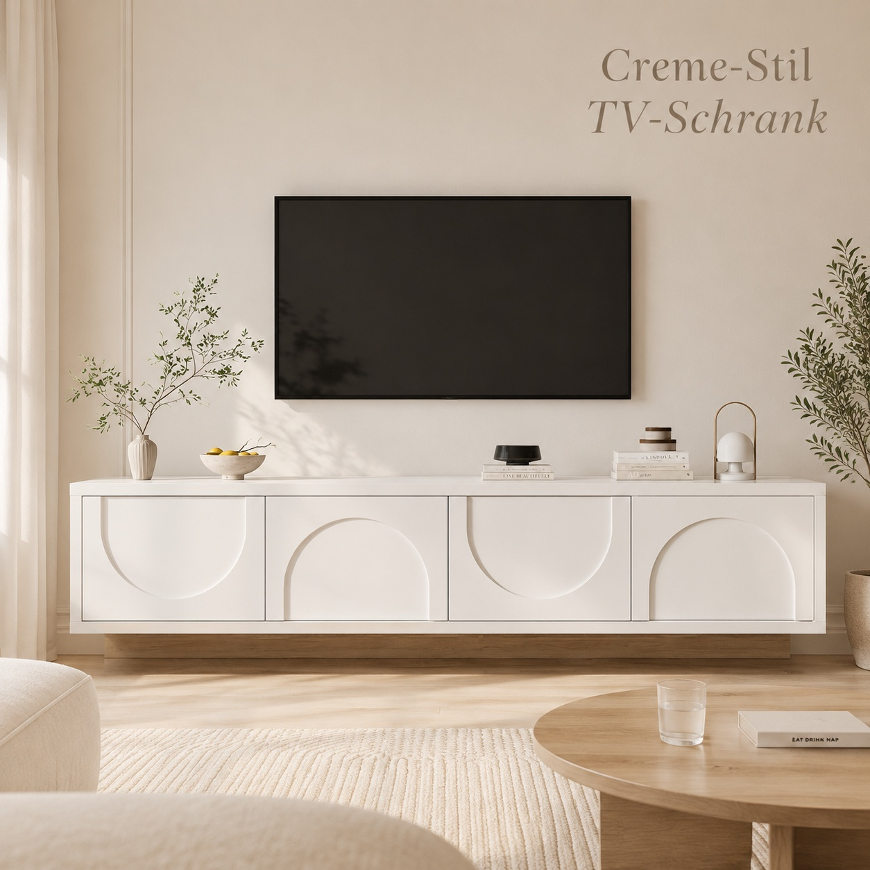 Image of Cream-colored 4- Stand 175cm Minimalist Tv Cabinet With Wooden Base For Living Room