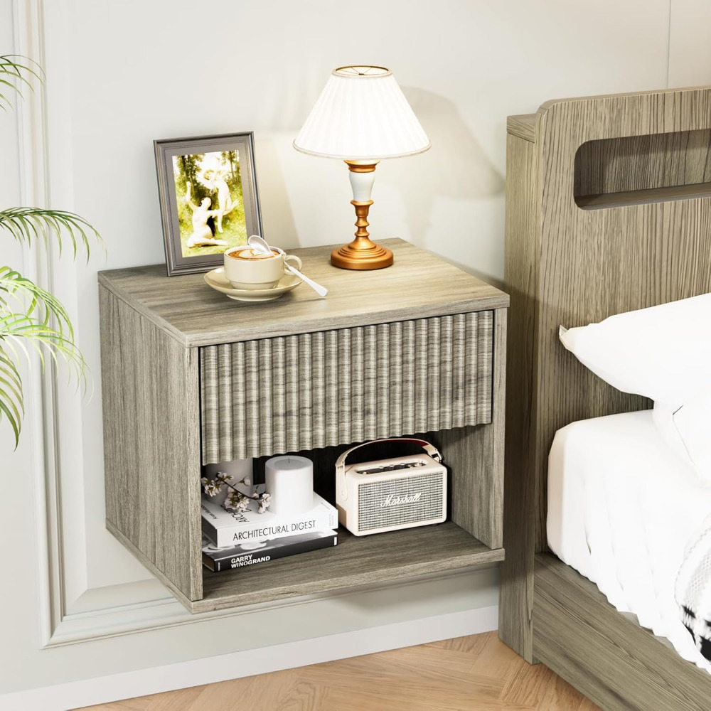 Hanging Bedside Table, Dresser With Drawer And Storage Compartment, Bedside Table In , Modern And Elegant, Relief Optics, Rectangular Edges And Grid Design, 40 X 30 X 33 Cm