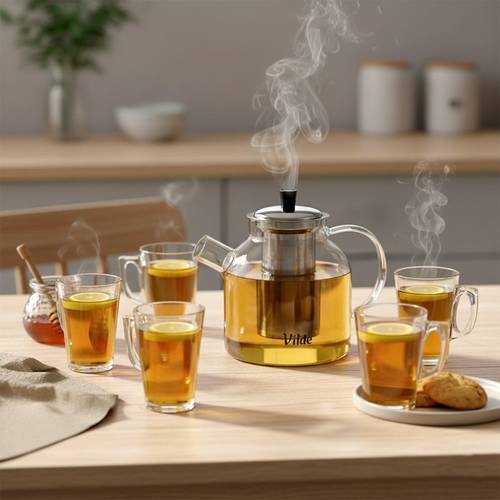 szklany dzbanek z zaparzaczem 1,2 l + 6 szklanek 255 ml - elegancki zestaw do parzenia herbaty, ziół i naparów, wykonany z wysokiej jakości szkła borokrzemowego i stali nierdzewnej, z drobnym sitkiem zatrzymującym liście, idealny do gorących i zimnych napojów, z poręcznym uchwytem i szerokim otworem do nalewania, doskonały do serwowania napojów w domu, biurze lub na spotkaniach towarzyskich, oryginalny produkt , zgodny z europejskimi standardami.