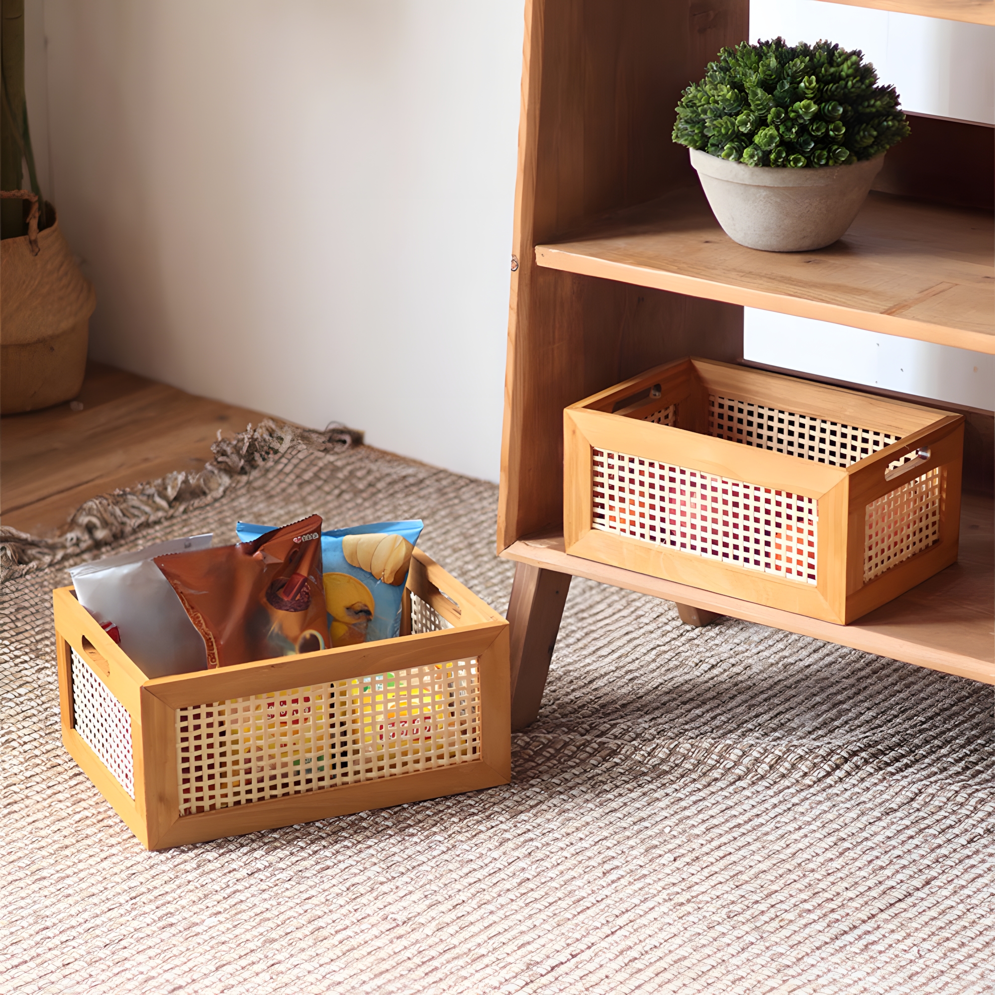 Boho Rattan Storage Basket for Desktop Organization