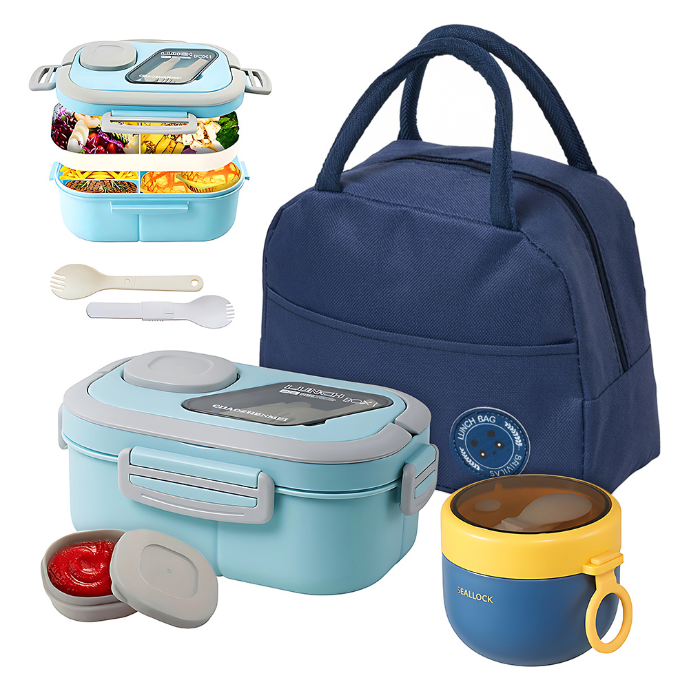 lunch box set for office workers and students portable bento box with cup and bag compartment lunch box with utensils gray  