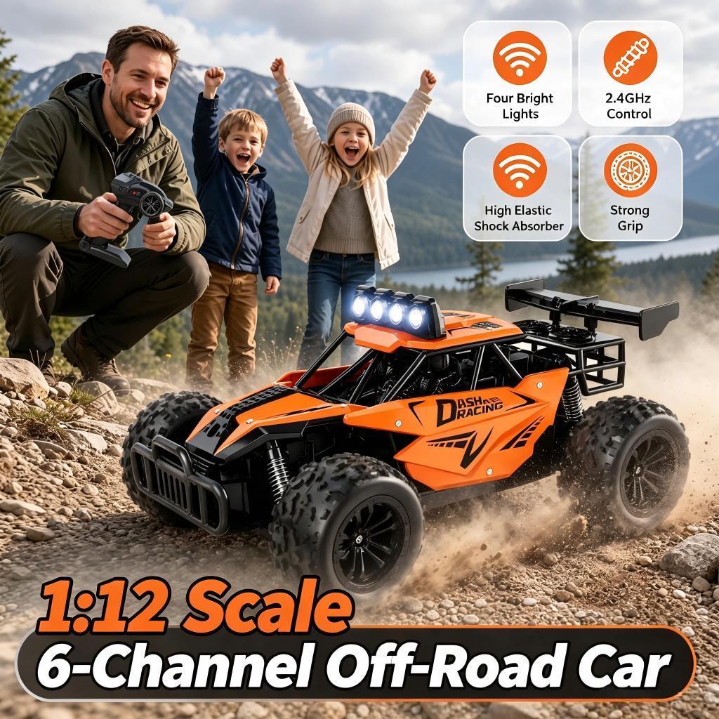 TEMU High Speed Remote ‑road Vehicle, 1/12 Scale 6‑channel Full Proportional Throttle Rc Car With Multicolor Led Lamp, Rubber Tires Shock Absorption