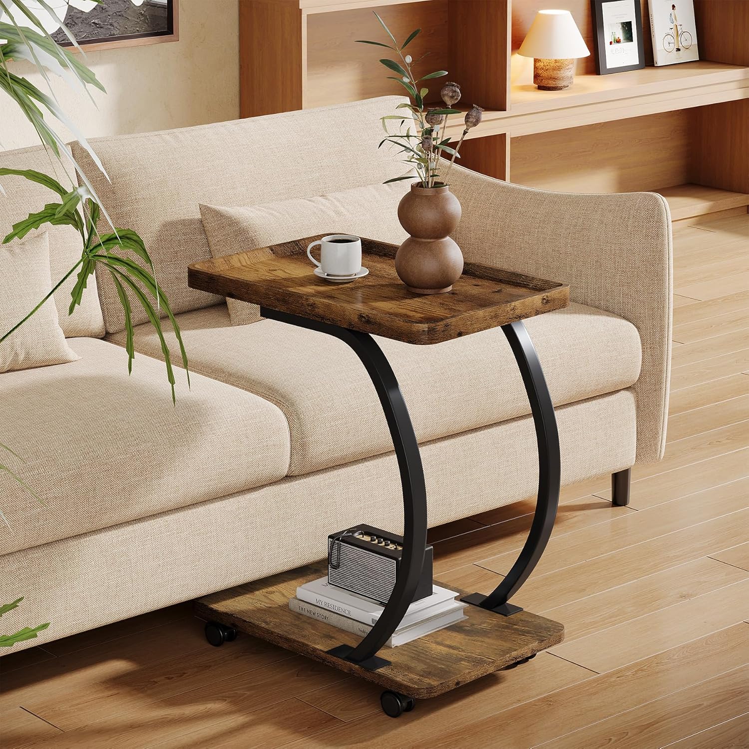Vintage End Table With Wheels, Industrial Small 2-tier Sofa Table, Modern Wooden Side Table With Metal Frame For Bedroom, Small Spaces, Living Room, Rustic Brown