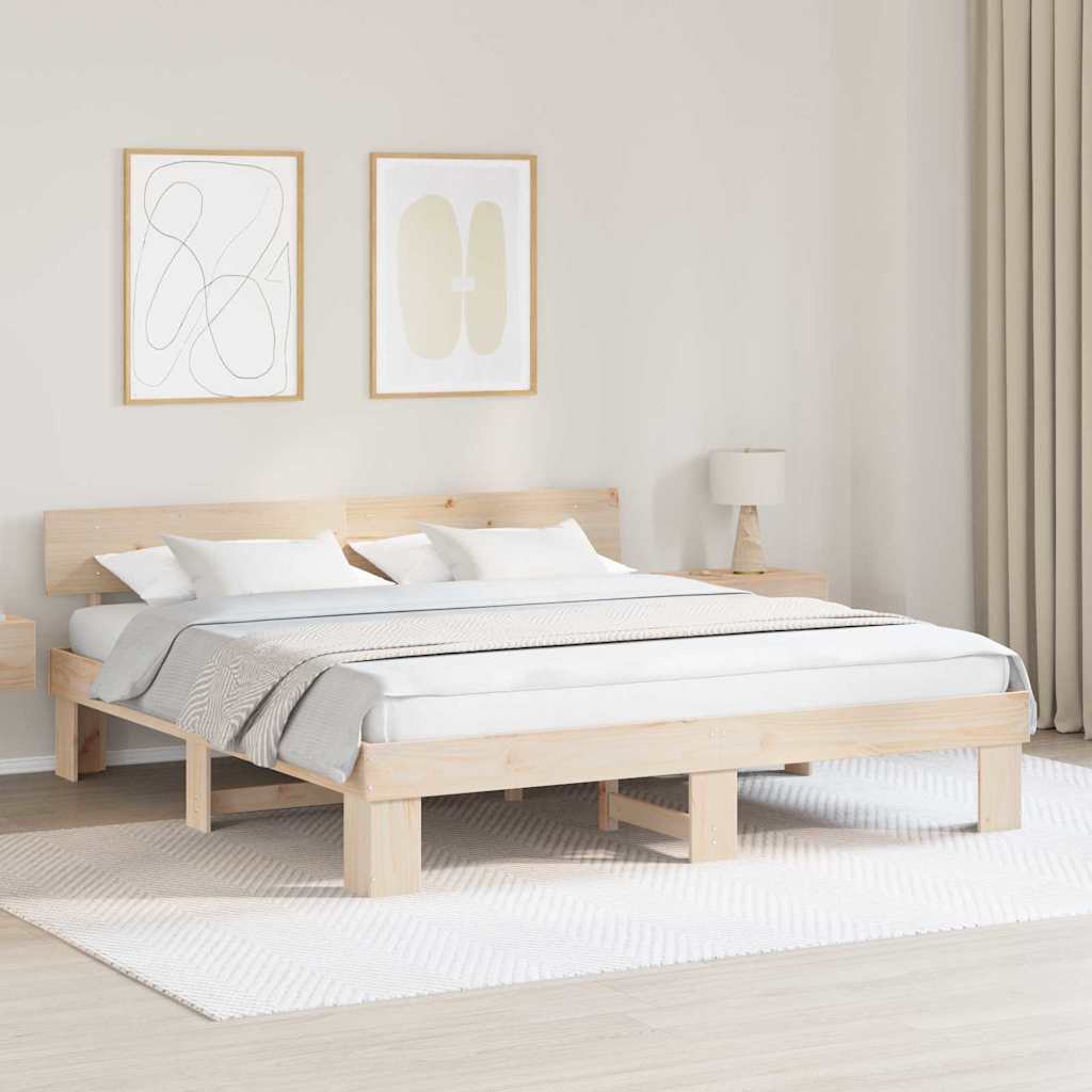 Image of Vidaxl Bed Frame With Headboard Natural 180 X 200 Cm Solid Pine Wood, Stylish Rectangular Bed Frame Made Of Pine Wood, Long-lasting , Practical Furniture