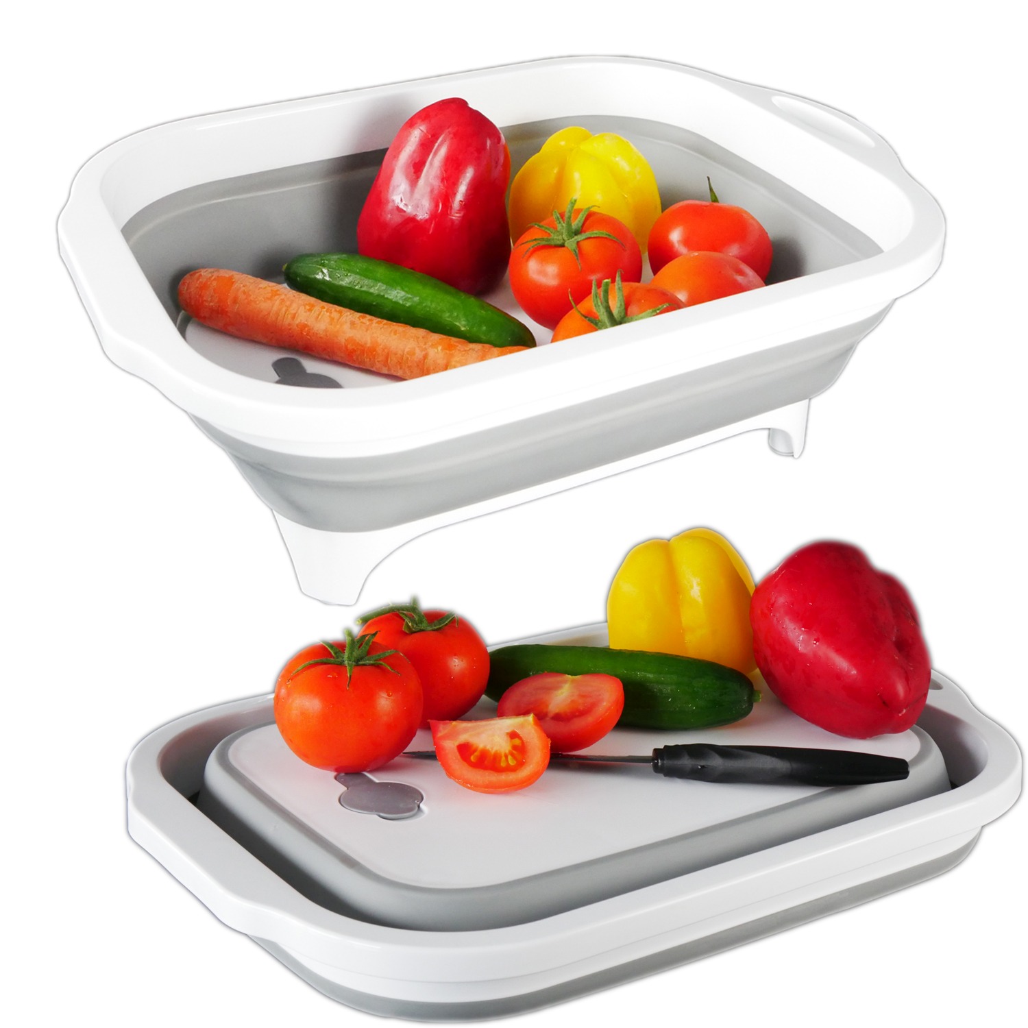 Image of Cutting Board With Drip Tray, 8l Capacity In Gray - White - 41.5 X 30 X 4.5 / 13.5 Cm - Foldable Kitchen Board With Storage Box For Cutting Tools