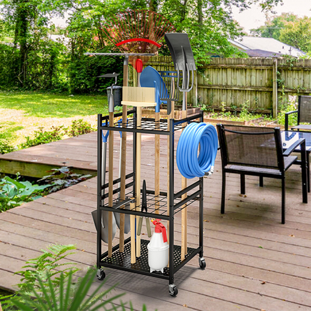Lockable Rolling Garden Tool Rack, 3-tier Heavy Duty Metal Storage Organizer With Adjustable Hooks & Fixed Foot Pads, Portable Tool Holder For Garage