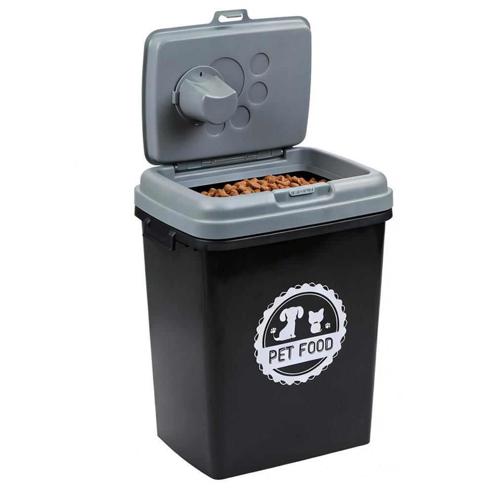 40L Pet Food Storage Container Airtight with Flip Top Lock – Holds 15kg Dry Food, Plastic Food Dispenser Bin with Scoop for Dog Cat Bird Fish Food Black/Grey