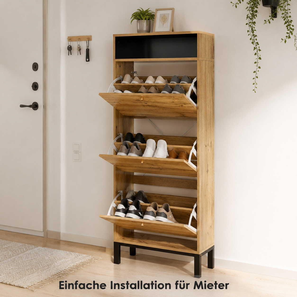 Shoe Cabinet 147cm High Narrow With 3 Doors, Nordic Oak Wood Optic Shoe Rack, Space- For Entrance Area