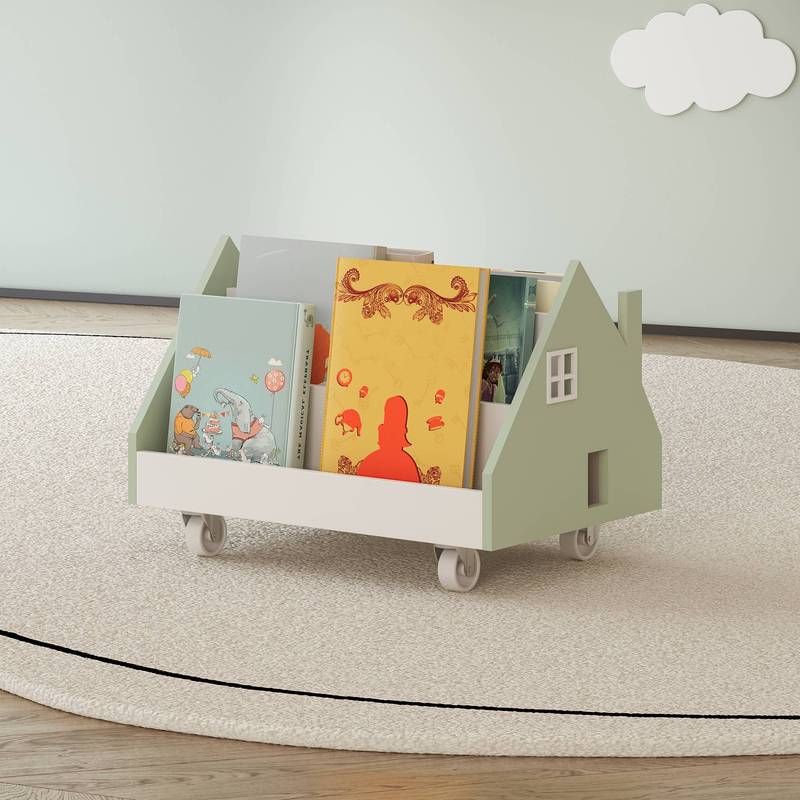 Vipsali Mobile Kids Shelf With 4 Wheels In House Design, 50 X 33 X , Mint Green / White