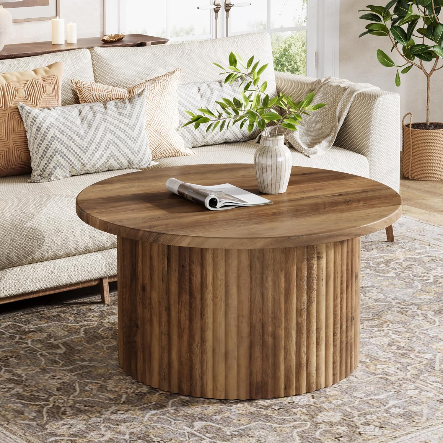 Image of Vintage 80cm Round Coffee Table, Farmhouse Circle Center Table With Sturdy Metal Base, Modern Accent Sofa Side Table For Living Room, Wooden Grain Veneer Top
