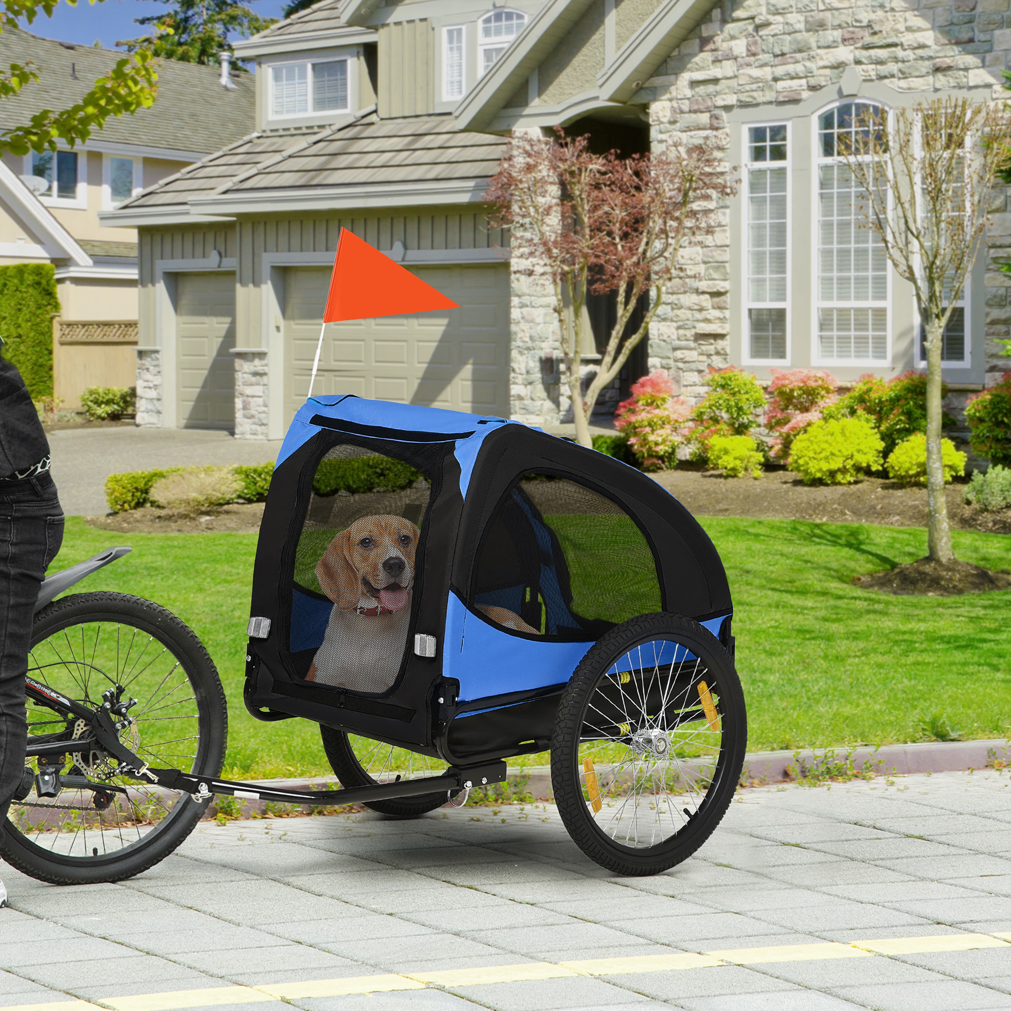 Image of Foldable Dog Bike Trailer With Safety Leash, Reflectors, Flag, Storage Bag For Dogs Up To 30 Kg, Blue